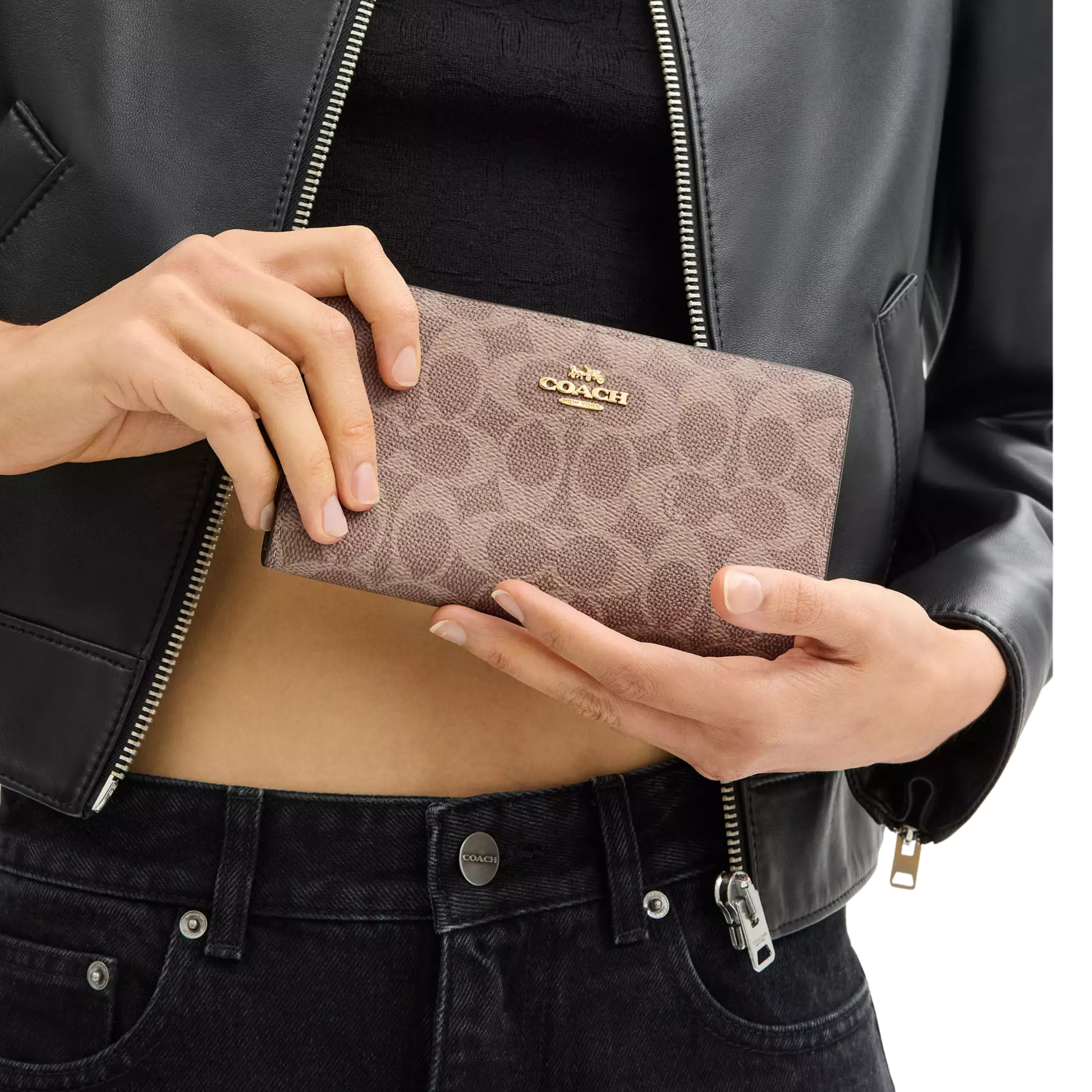 Coach Women Slim Zip Wallet - Gold Tan Brown