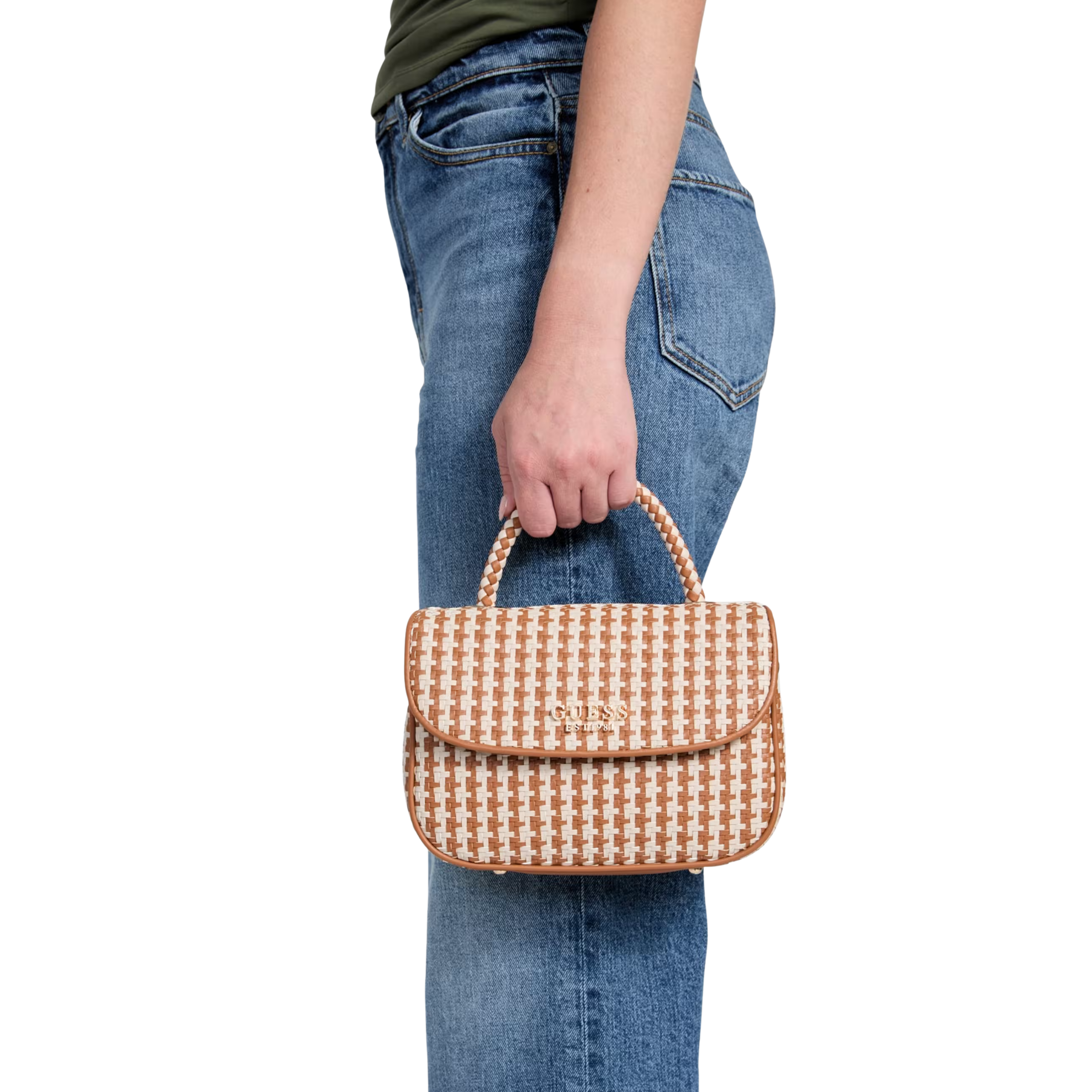 Guess Women Mirema Woven Top Handle Bag - Camel Multi