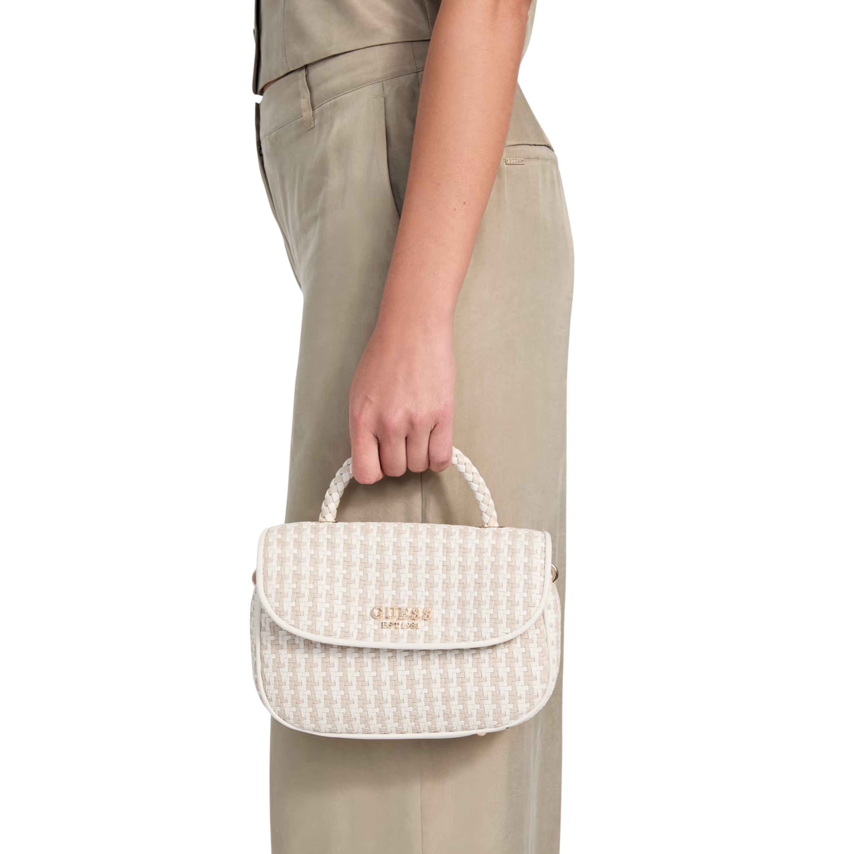 Guess Women Mirema Woven Top Handle Bag - White Patent