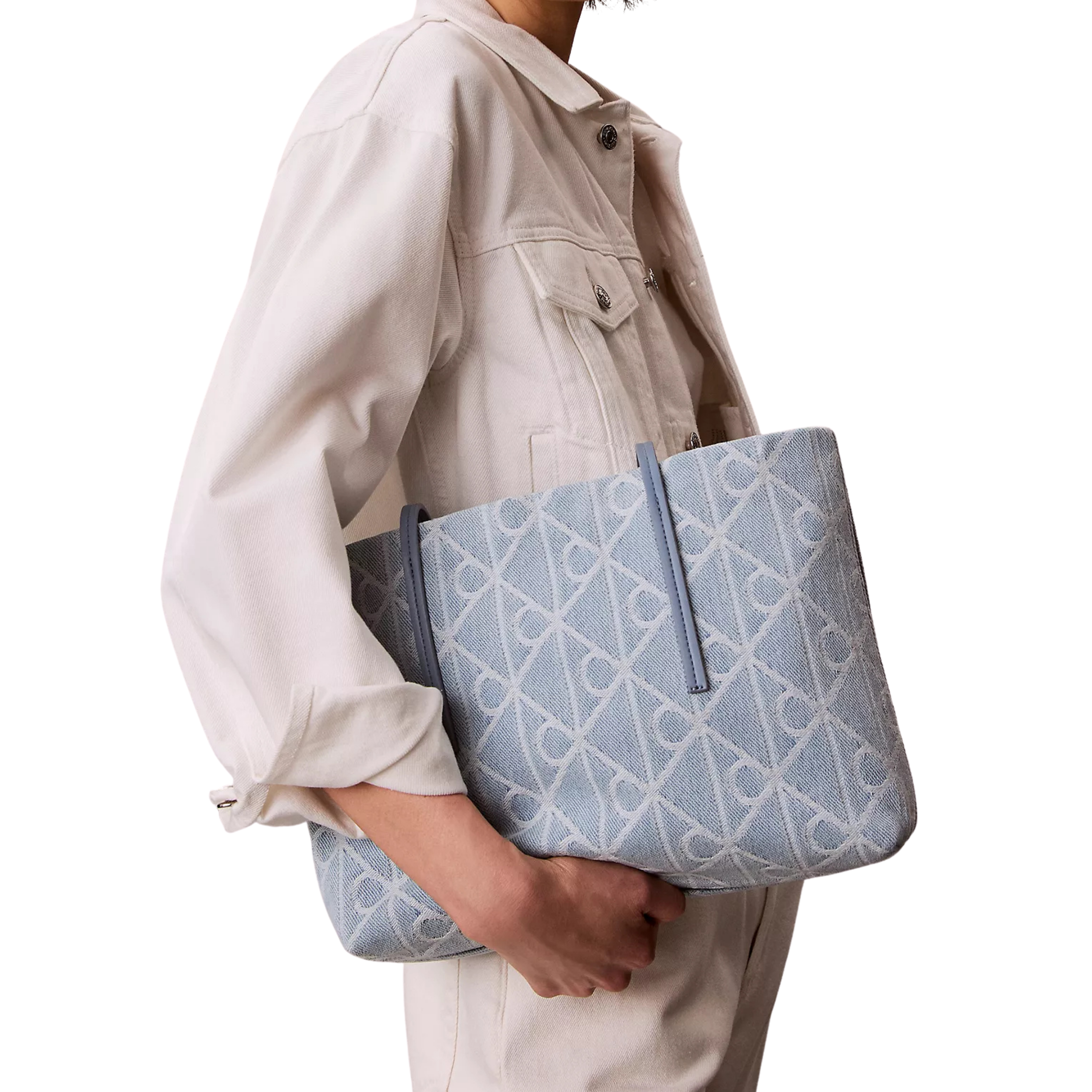 Calvin Klein Women Allover Emblem Logo Denim Small Tote Bag - Denim Light Wash