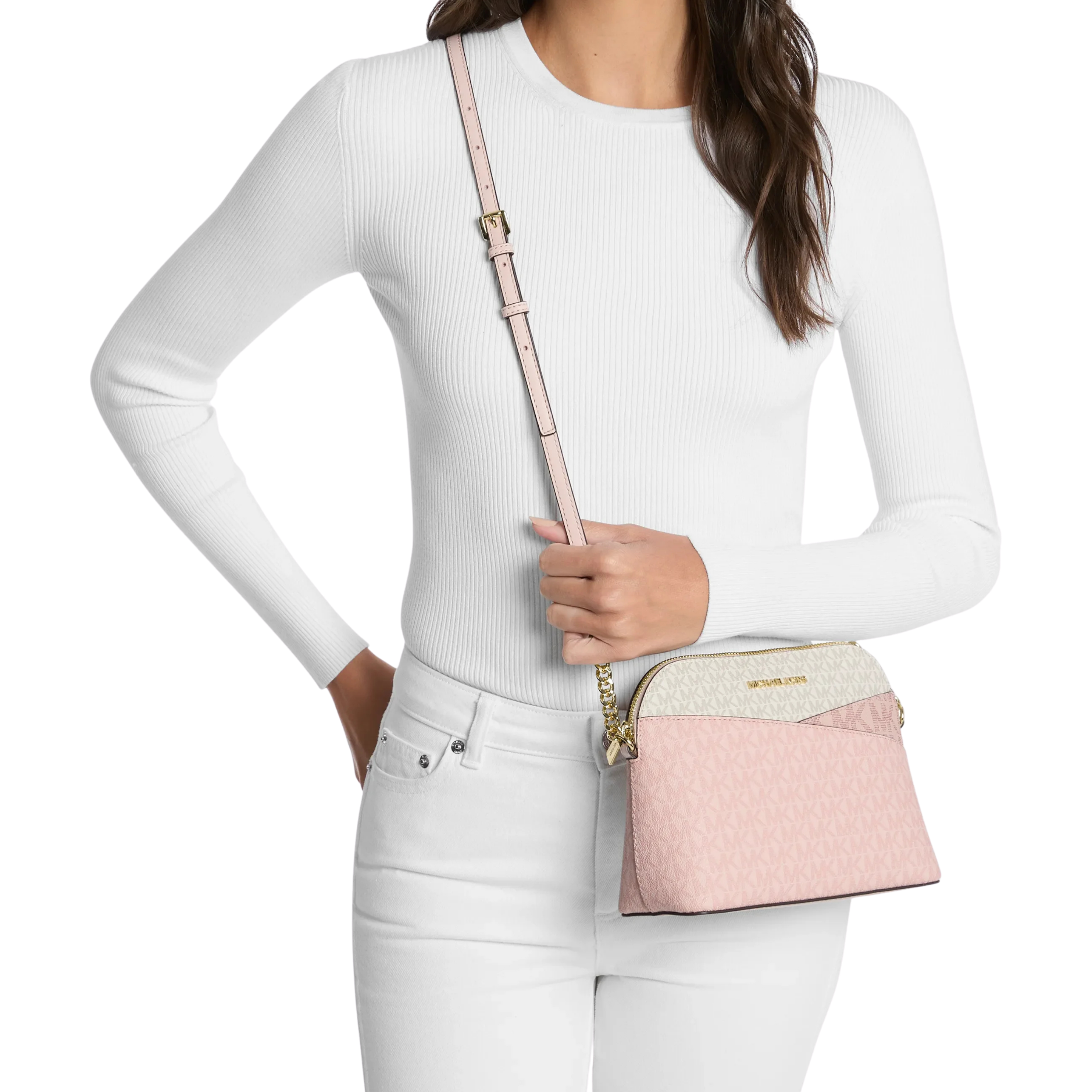Michael Kors Women Jet Set Travel Medium Color Block Signature Logo Crossbody Bag - Powder Blush Multi