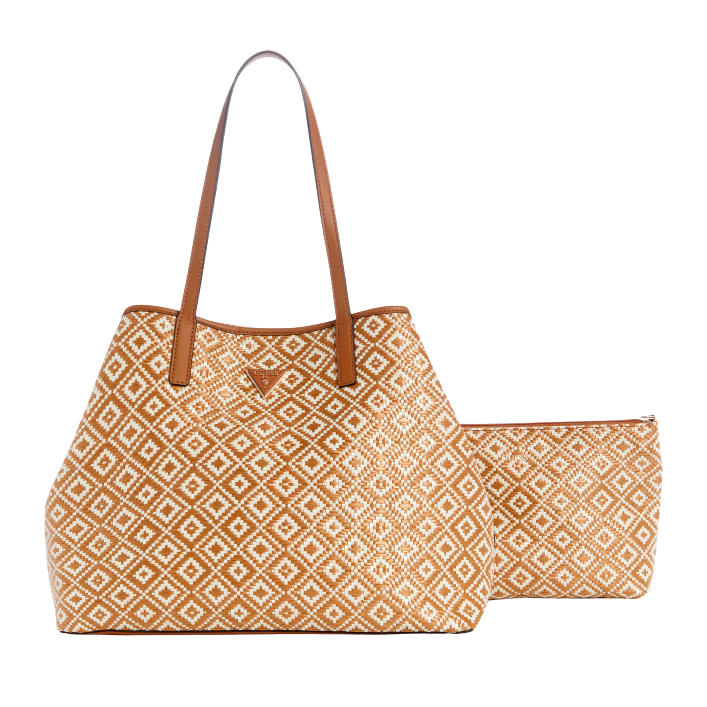 Guess Women Vikky Straw Tote Set - Cognac