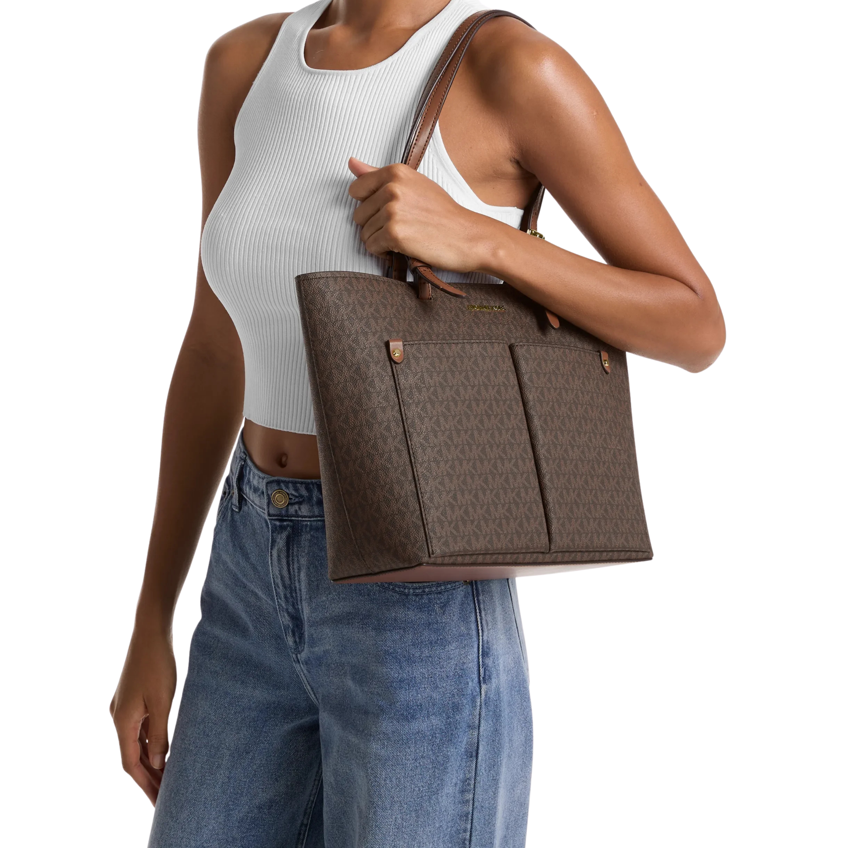 Michael Kors Women Jet Set Medium Logo Pocket Tote Bag - Brown