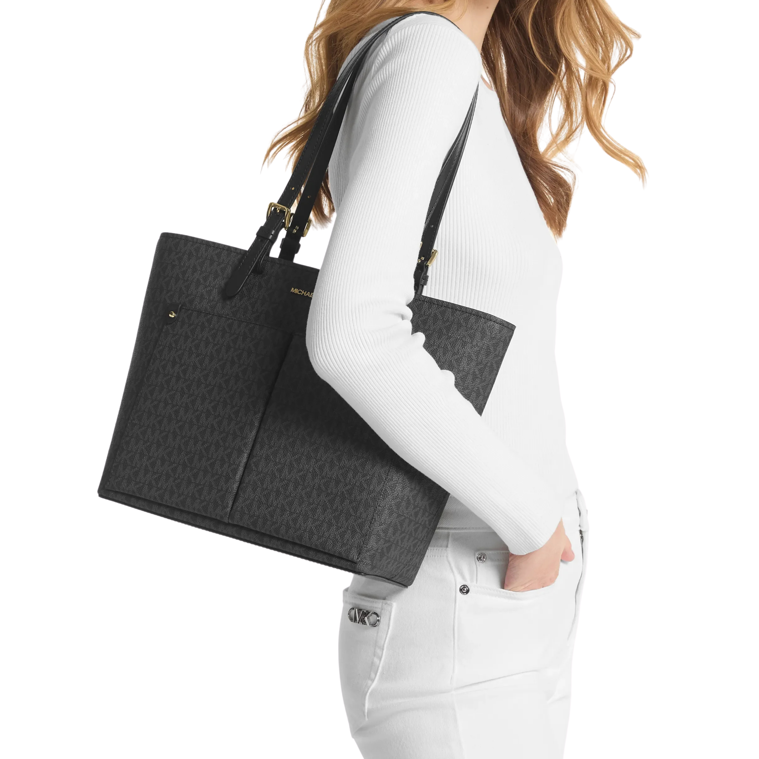 Michael Kors Women Jet Set Medium Logo Pocket Tote Bag - Black