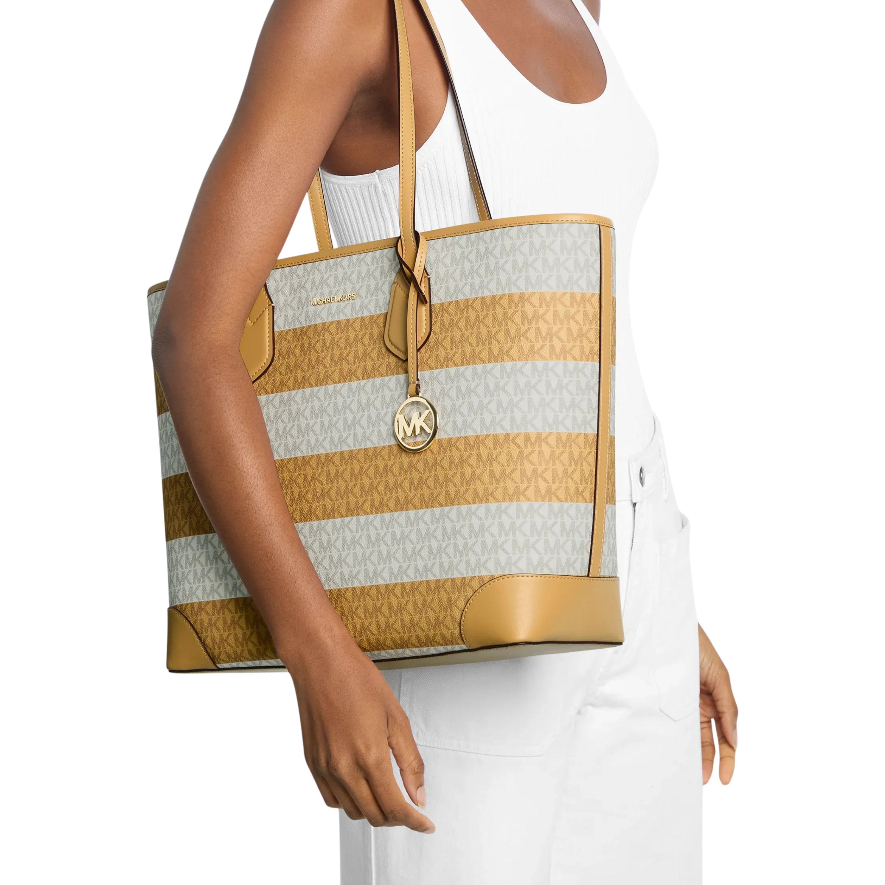 Michael Kors Women Eva Large Striped Signature Logo Tote Bag - Honeywheat