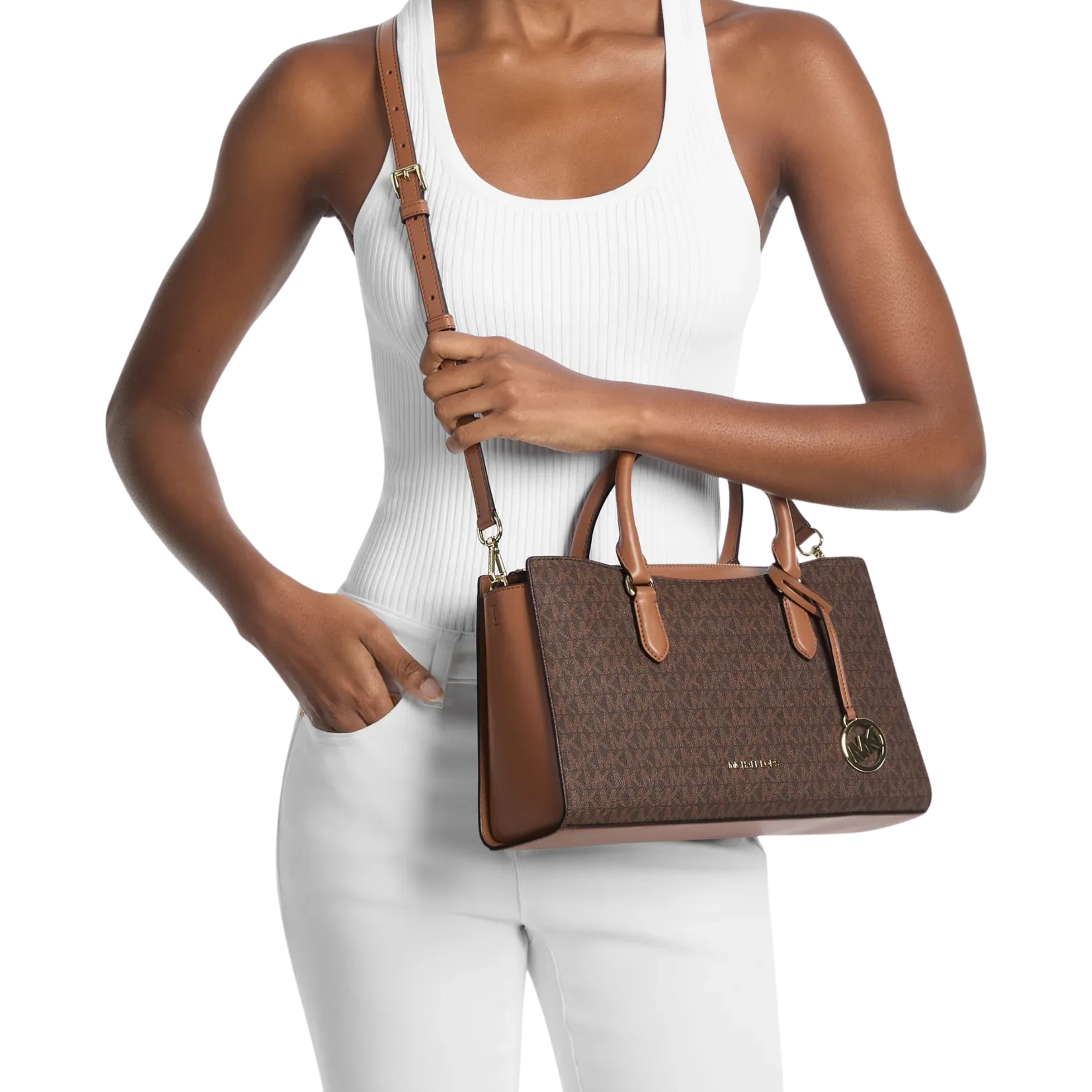 Michael Kors Women Arden Medium Signature Logo Top Zip Satchel - Brown