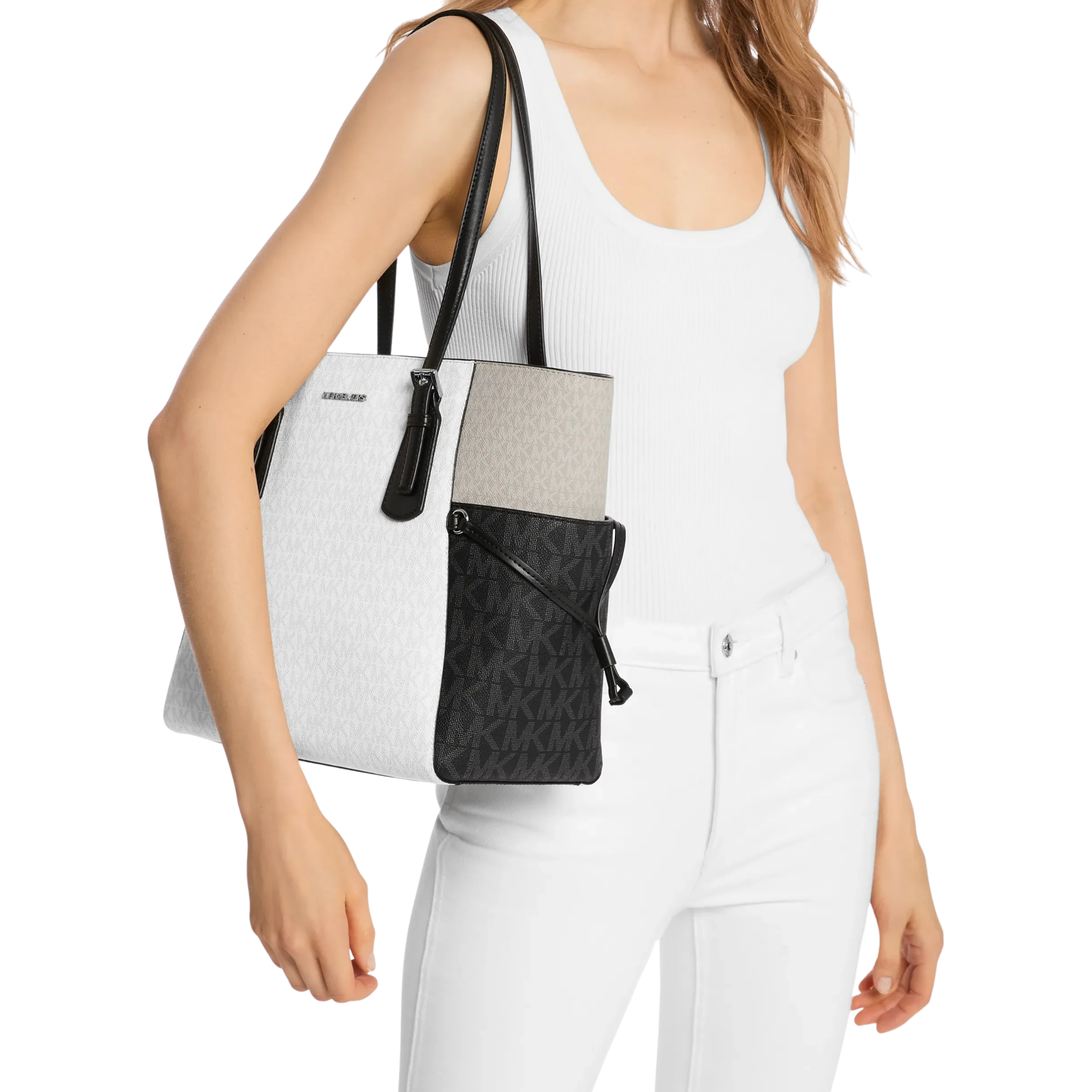 Michael Kors Women Voyager Large Color Block Signature Logo Tote Bag - White Multi