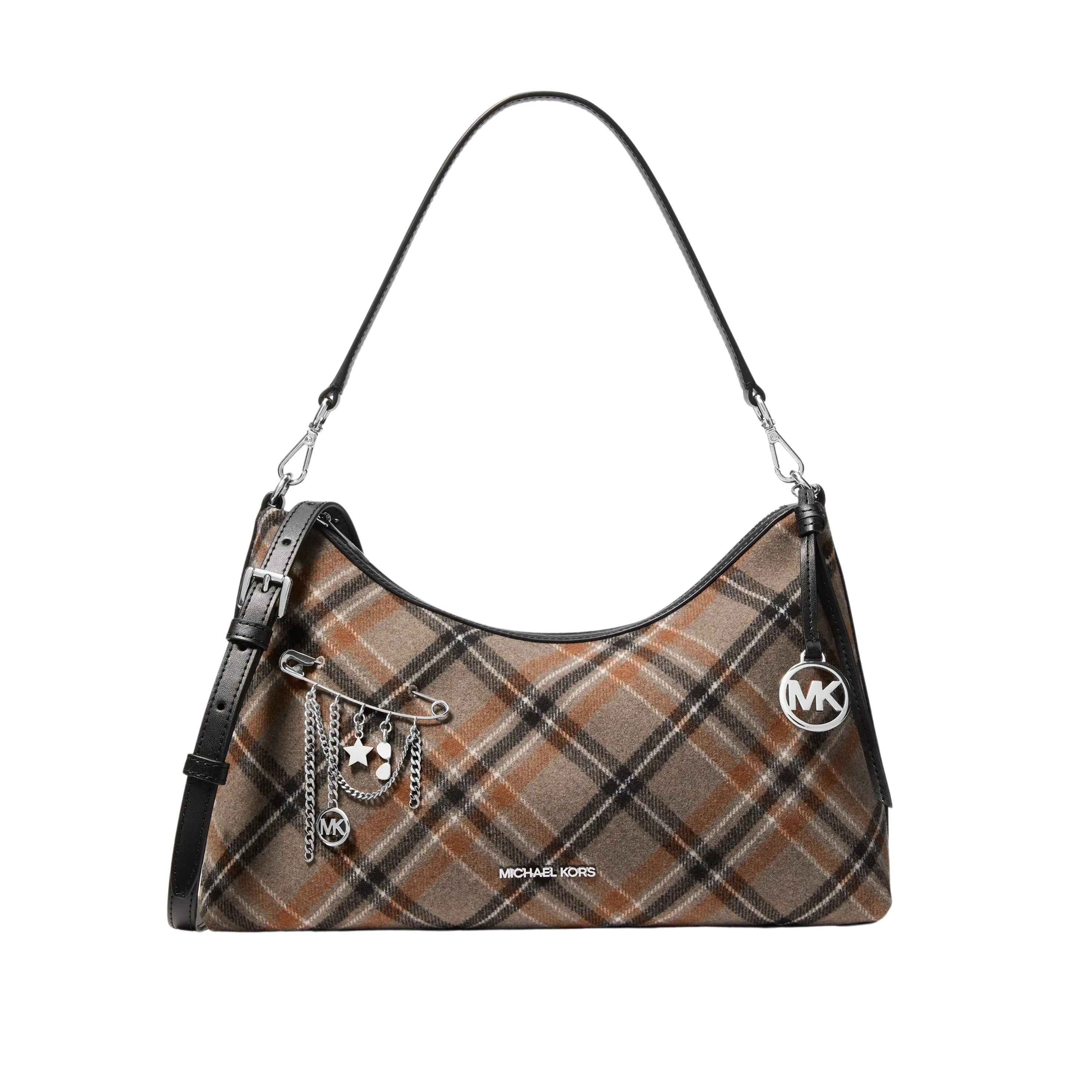 Michael Kors Women Sammy Medium Plaid Print Wool Blend Convertible Shoulder Bag - Black