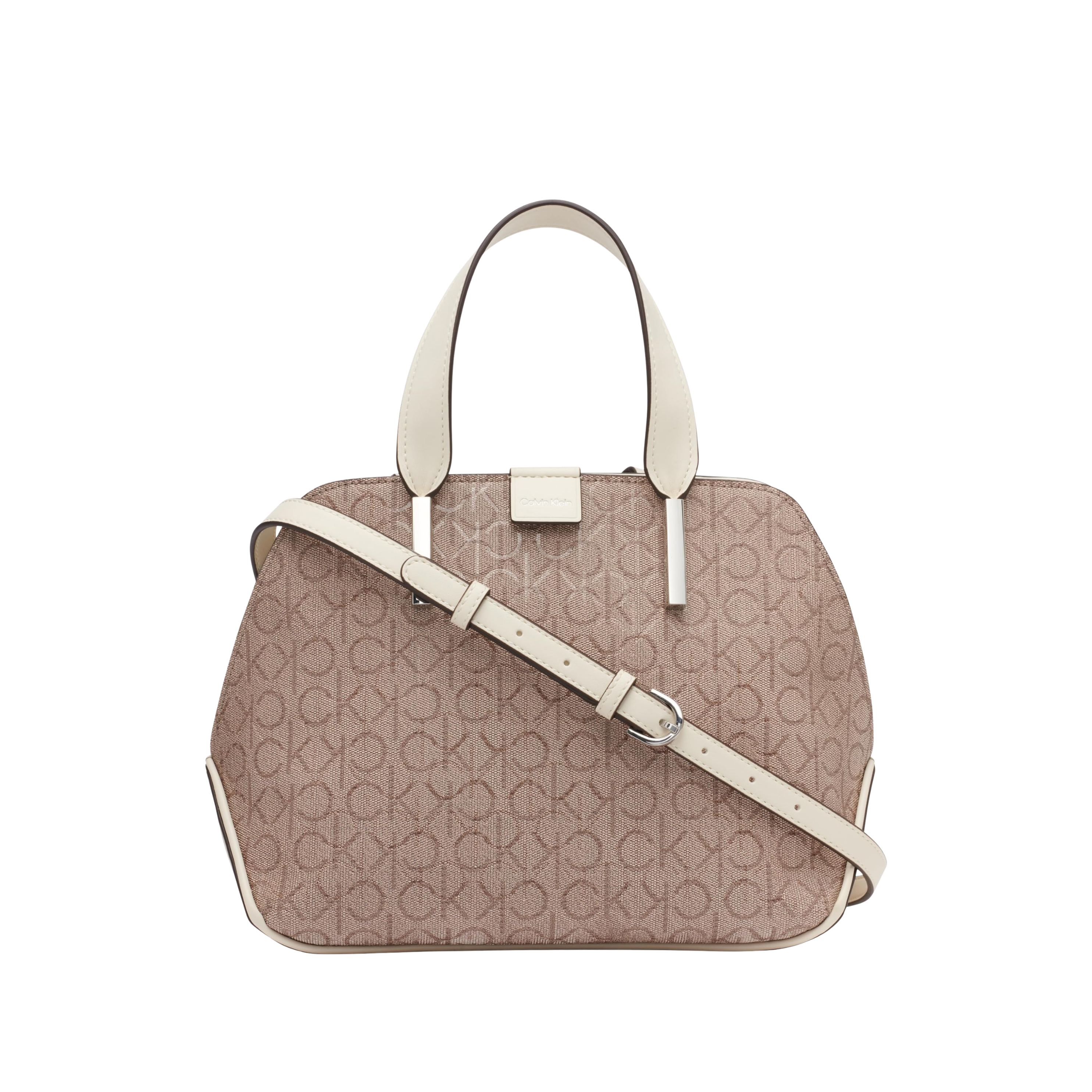 Calvin Klein Women Audrey Triple Compartment Satchel Bag - Almond Taupe White Embossed