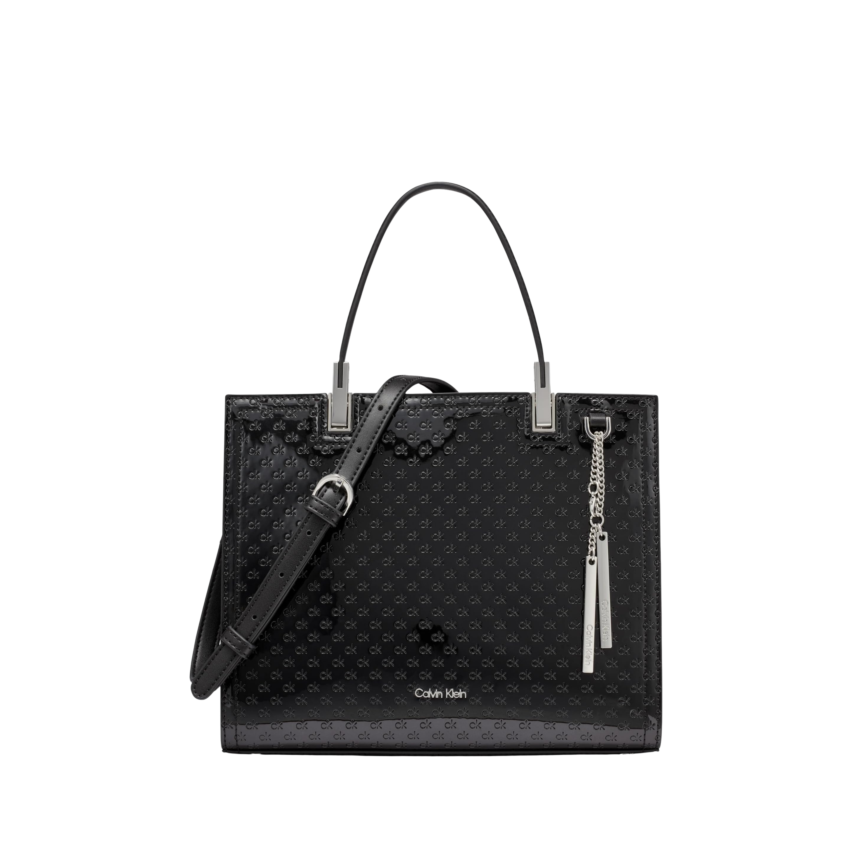 Calvin Klein Women Verne Triple Compartment Satchel Bag - Black Silver Patent Emboss