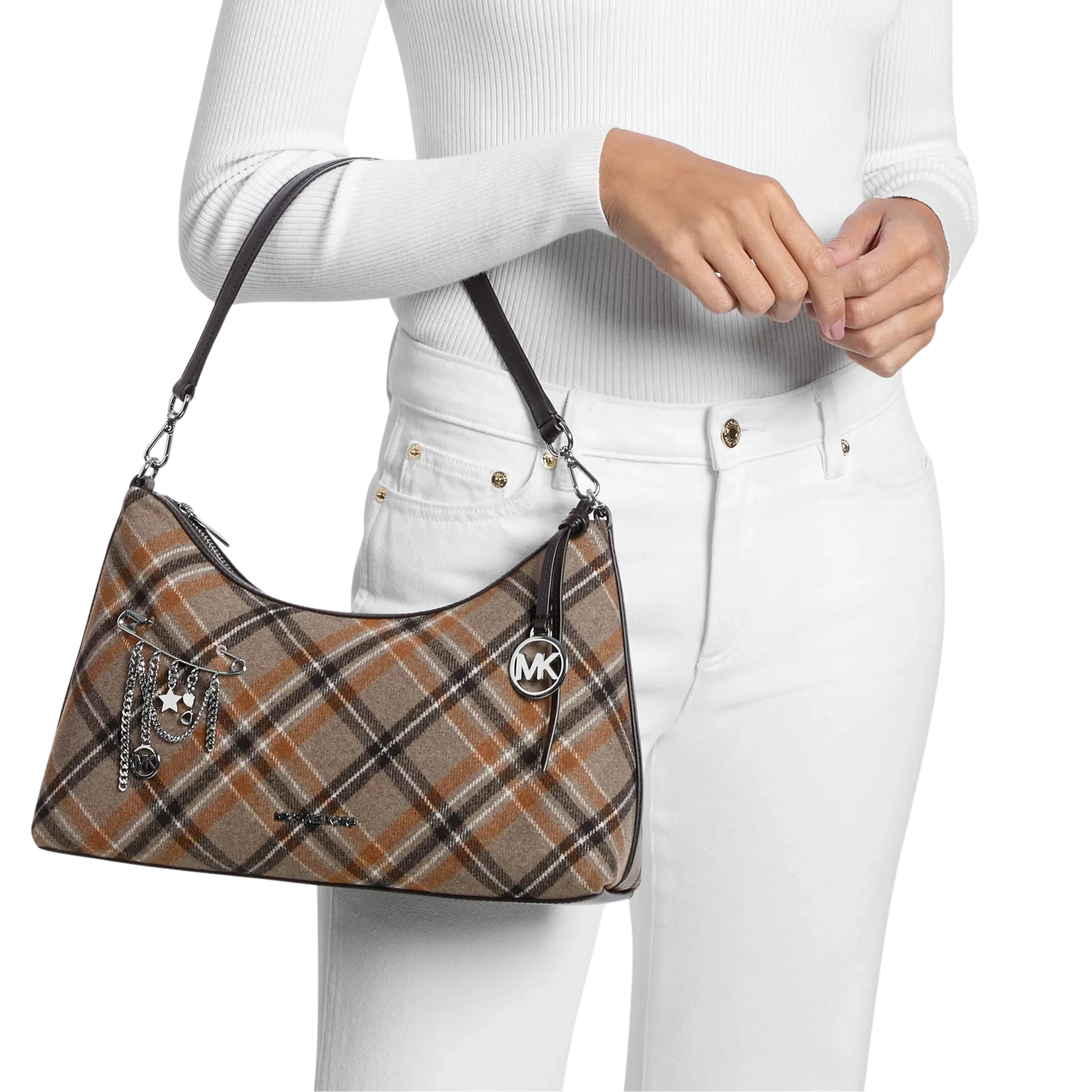 Michael Kors Women Sammy Medium Plaid Print Wool Blend Convertible Shoulder Bag - Black