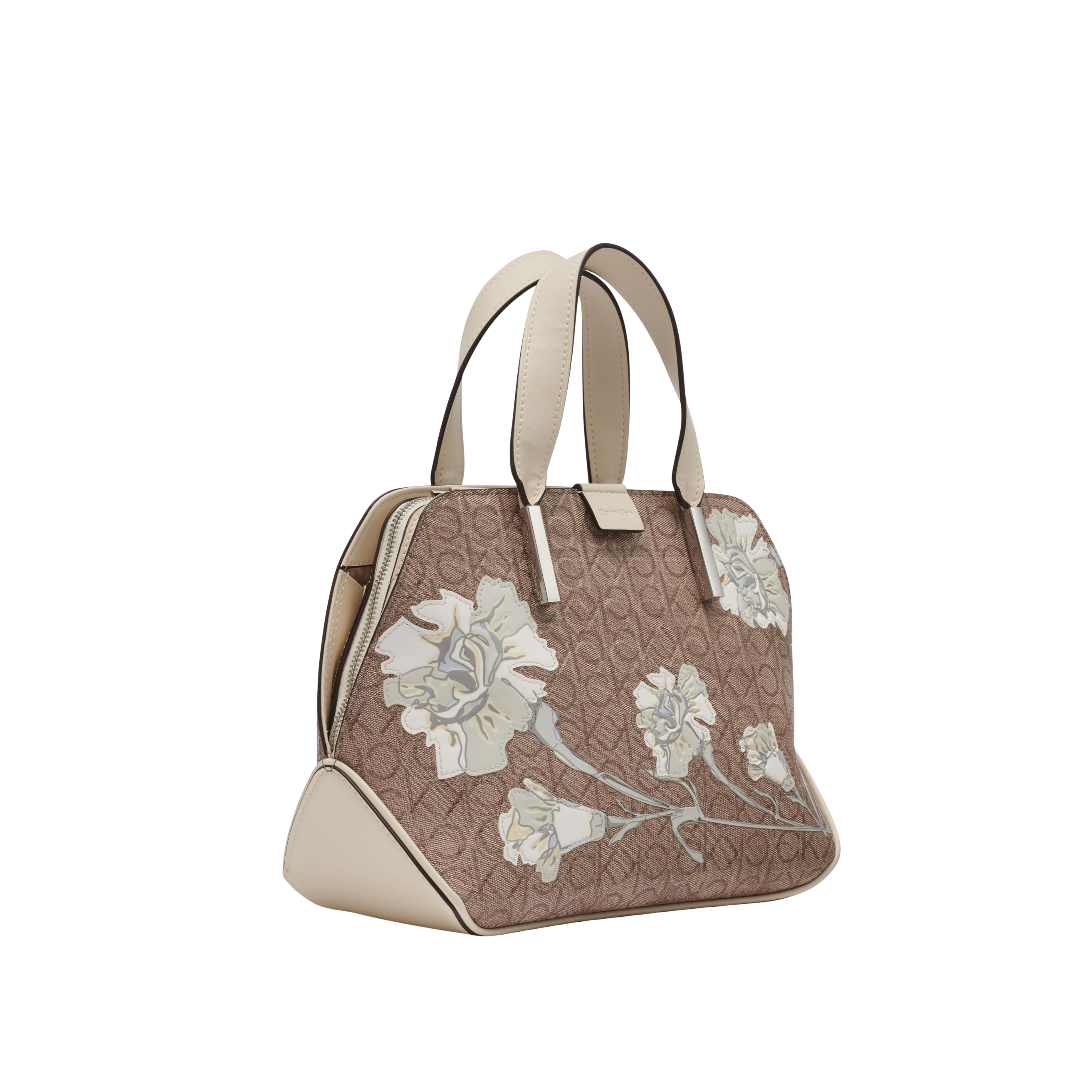 Calvin Klein Women Audrey Triple Compartment Satchel Bag - Almond Multi Floral