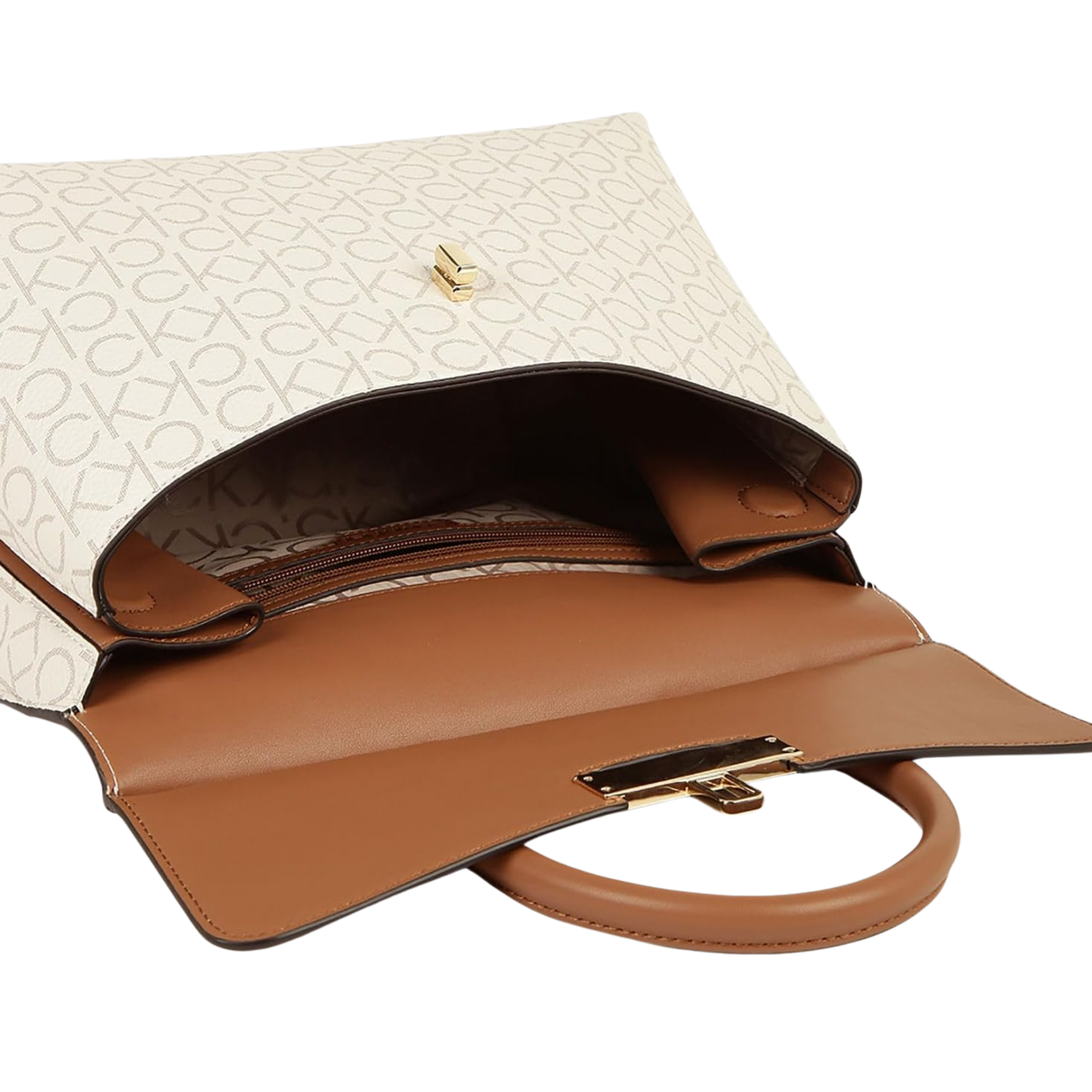 Calvin Klein Women Becky Turn Lock Satchel Bag - Vanilla Khaki Caramel