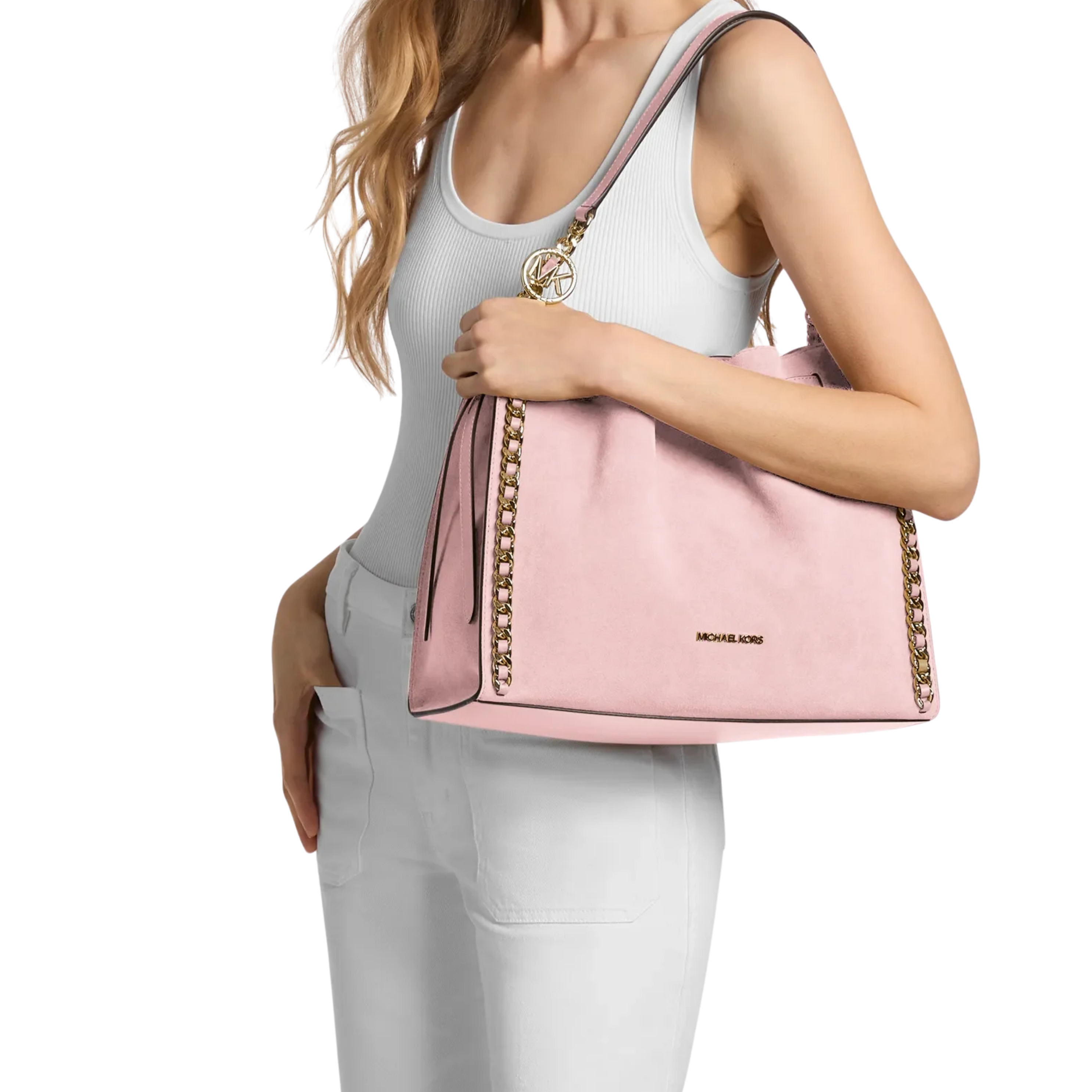 Michael Kors Women Mina Large Suede Chain Shoulder Bag - Powder Blush