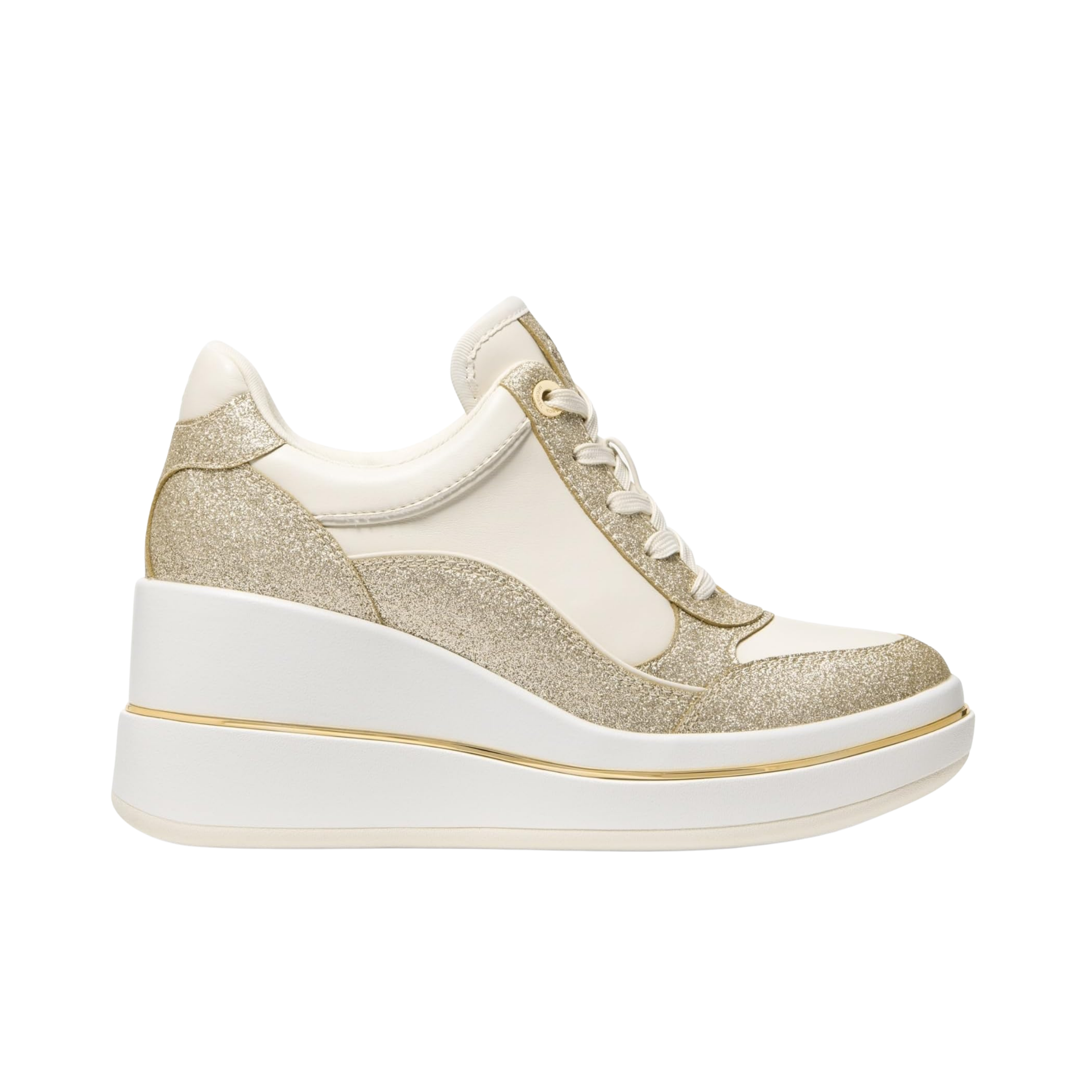 Michael Kors Women Emmy Signature Logo and Leather Wedge Trainer - Pale Gold