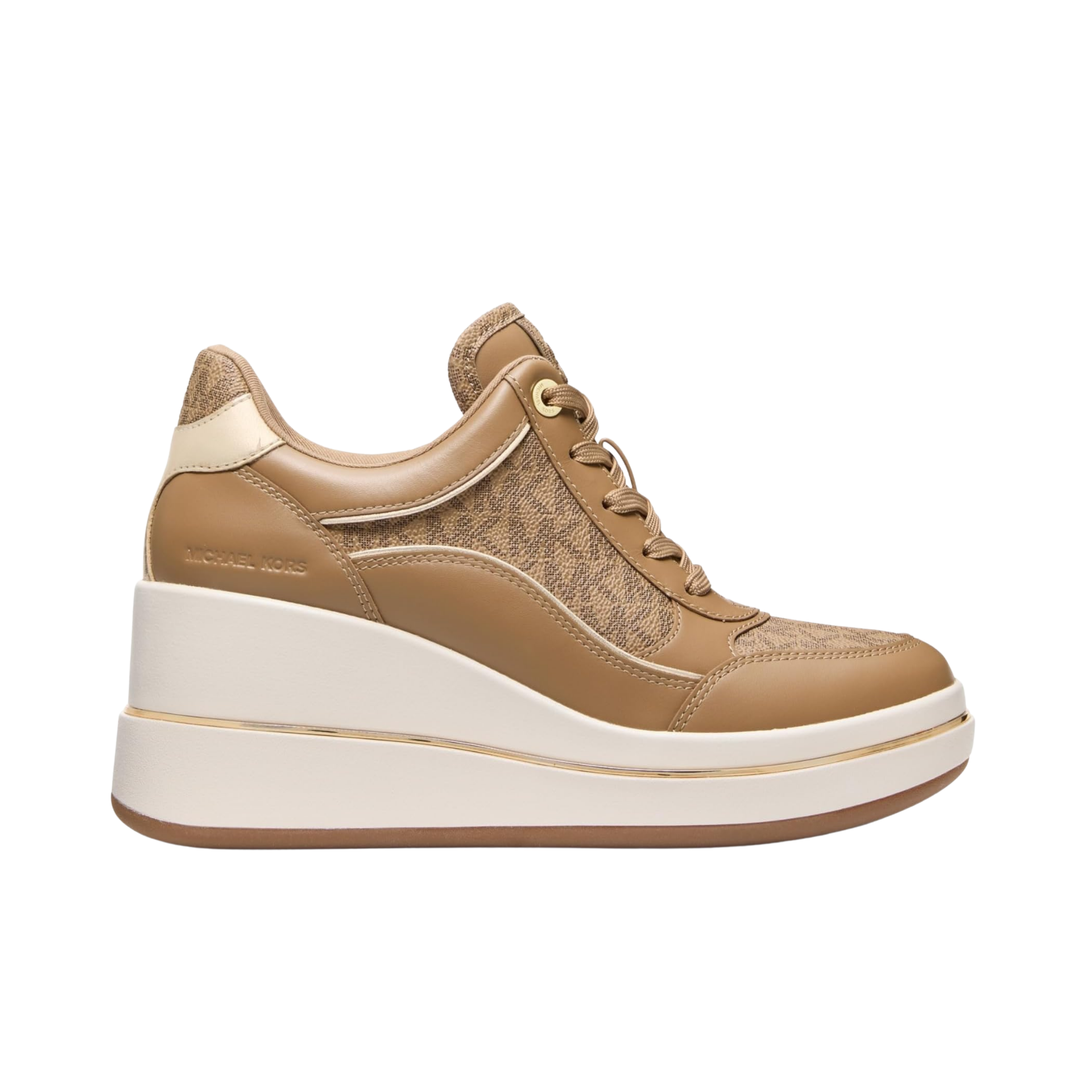 Michael Kors Women Emmy Signature Logo and Leather Wedge Trainer - Husk
