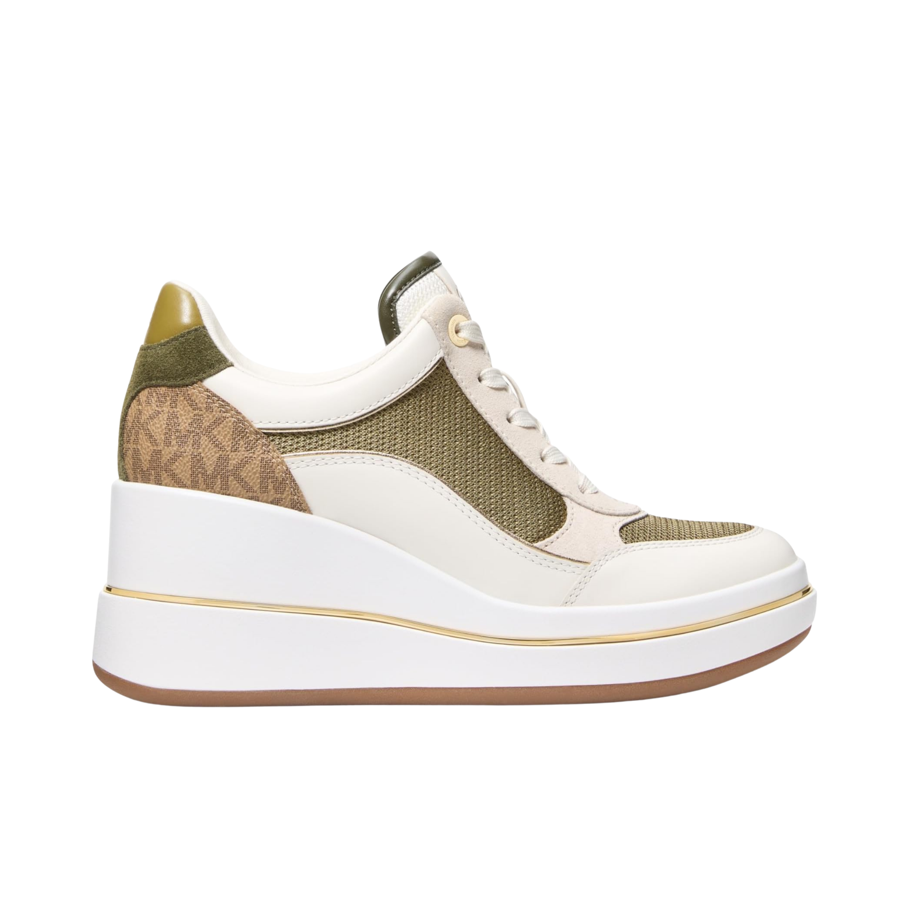 Michael Kors Women Emmy Signature Logo and Leather Wedge Trainer - Husk Multi