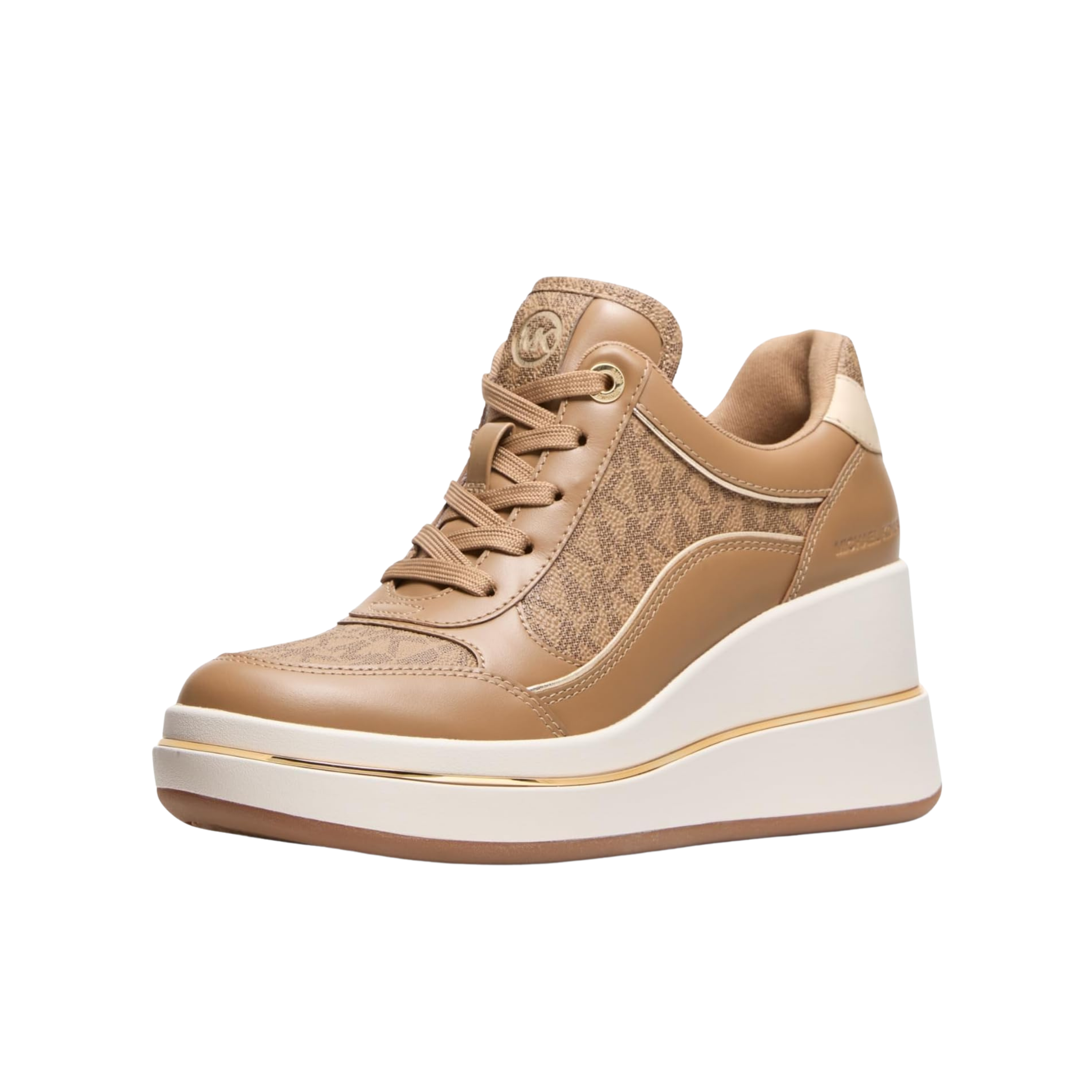 Michael Kors Women Emmy Signature Logo and Leather Wedge Trainer - Husk