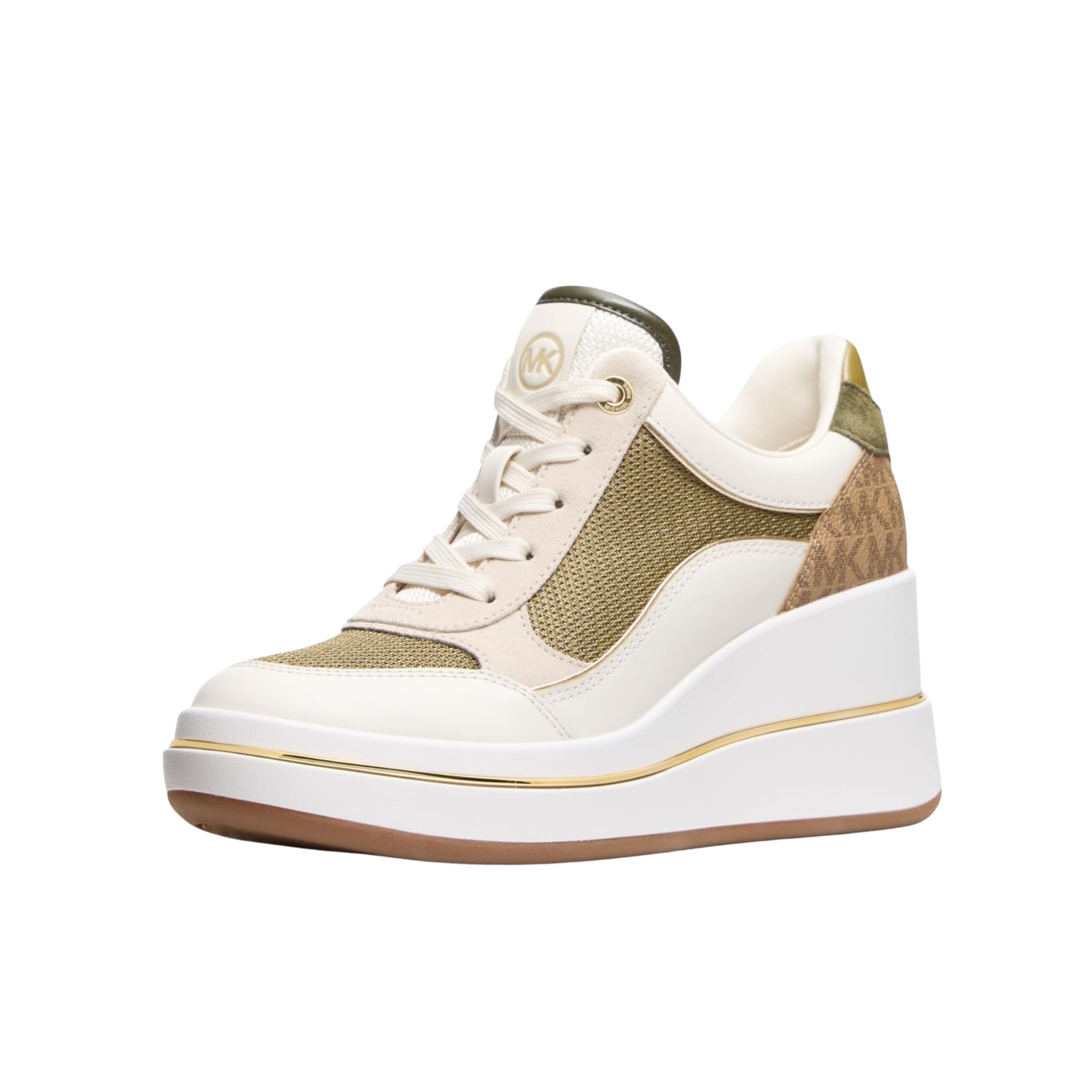 Michael Kors Women Emmy Signature Logo and Leather Wedge Trainer - Husk Multi