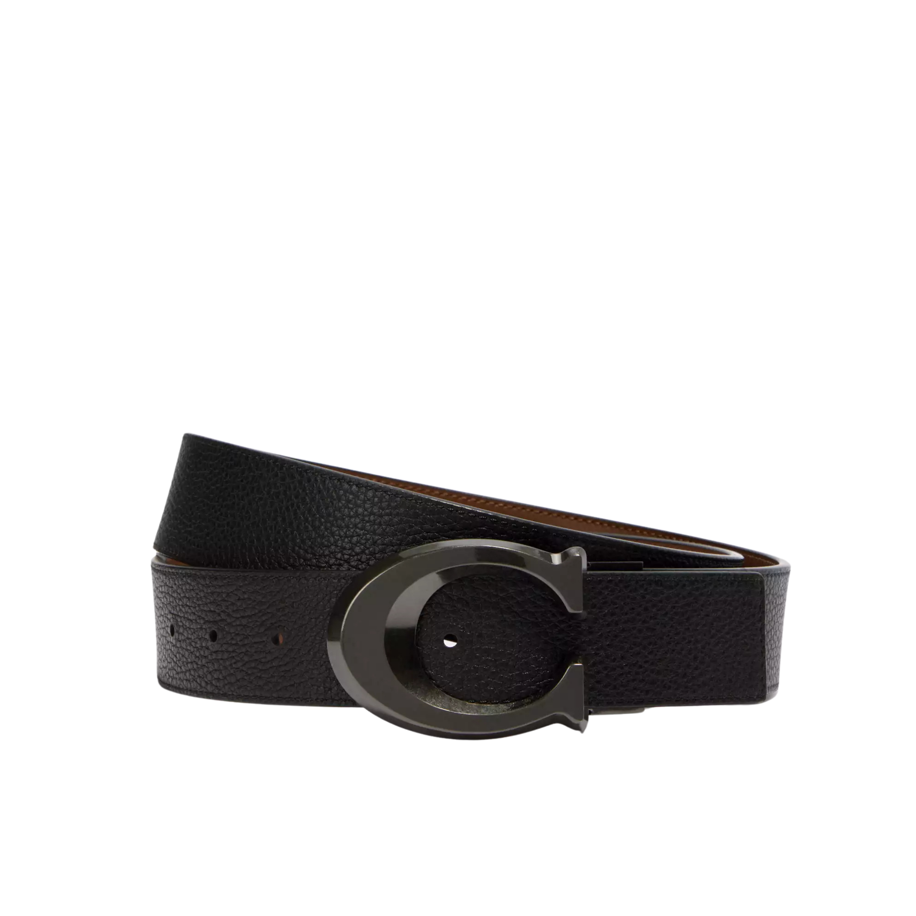 Coach Men Signature Buckle Cut To Size Reversible Belt, 38 Mm - Gunmetal Black Dark Saddle