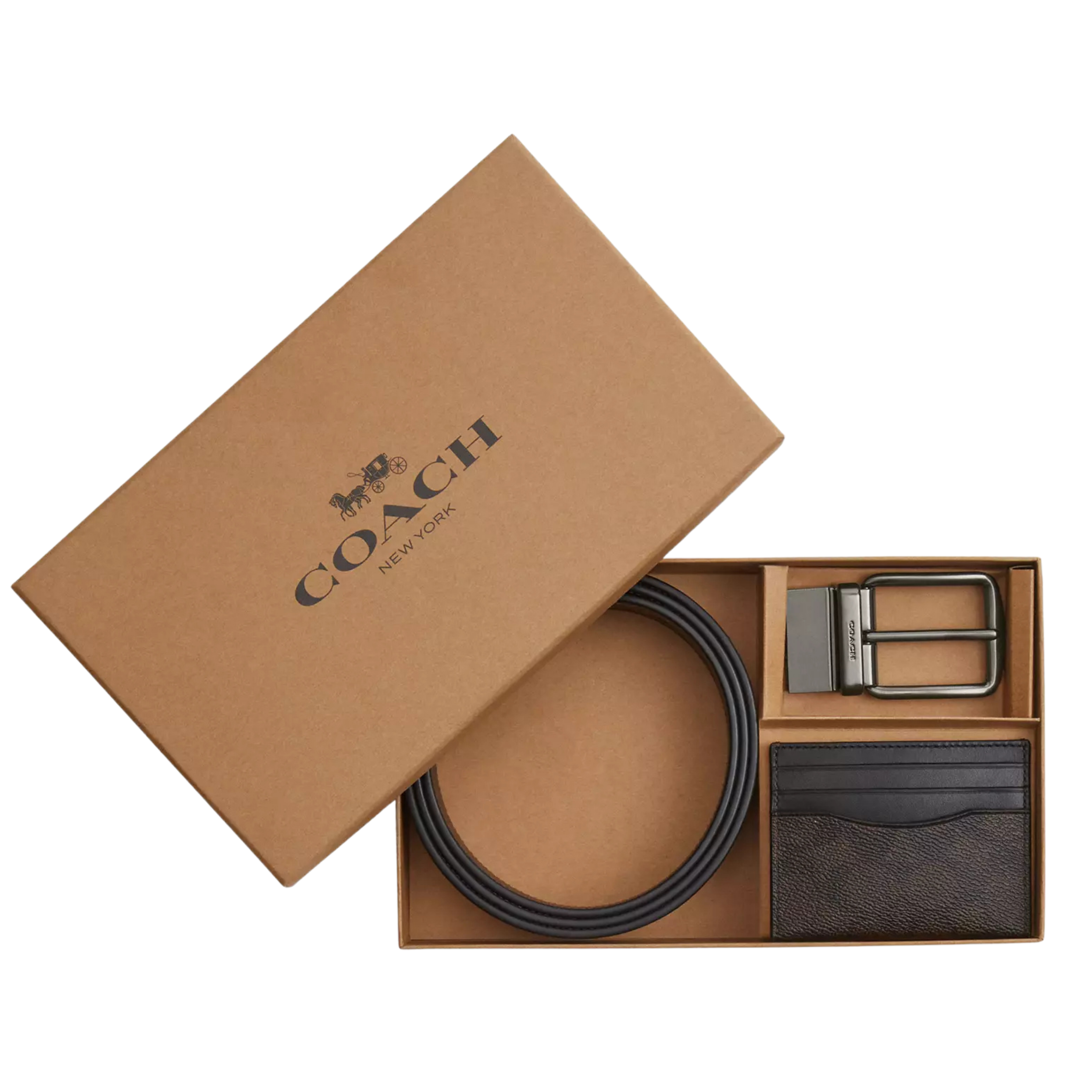 Coach Men Boxed Card Case And Belt Set - Walnut Black