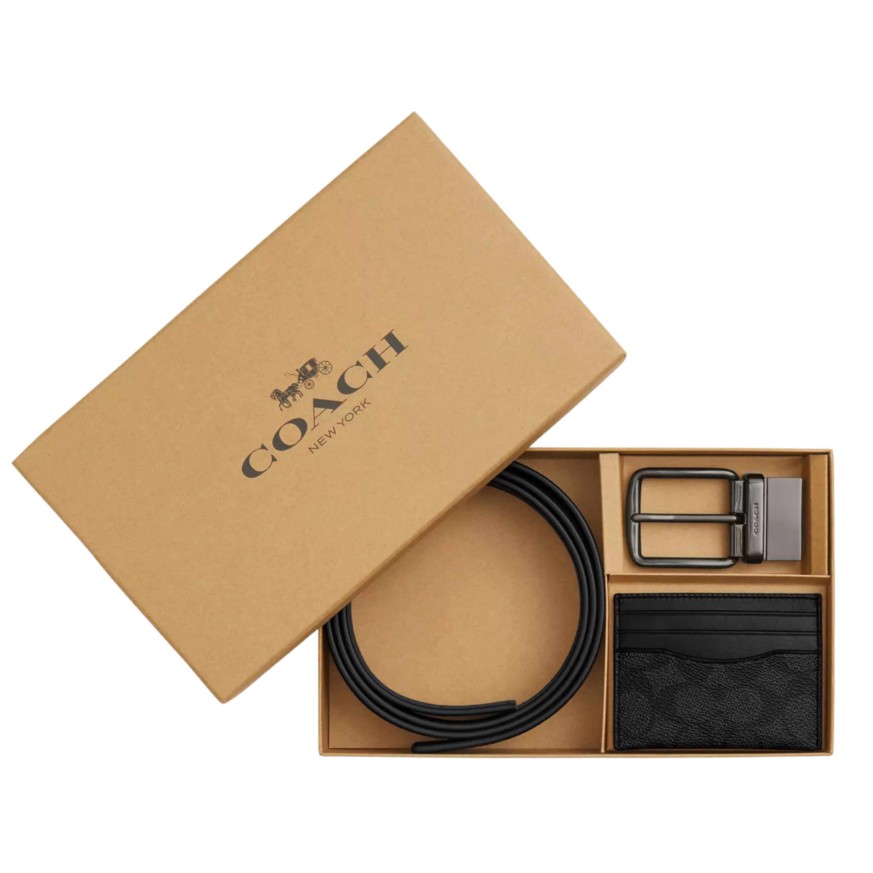 Coach Men Boxed Card Case And Belt Set - Gunmetal Charcoal Black
