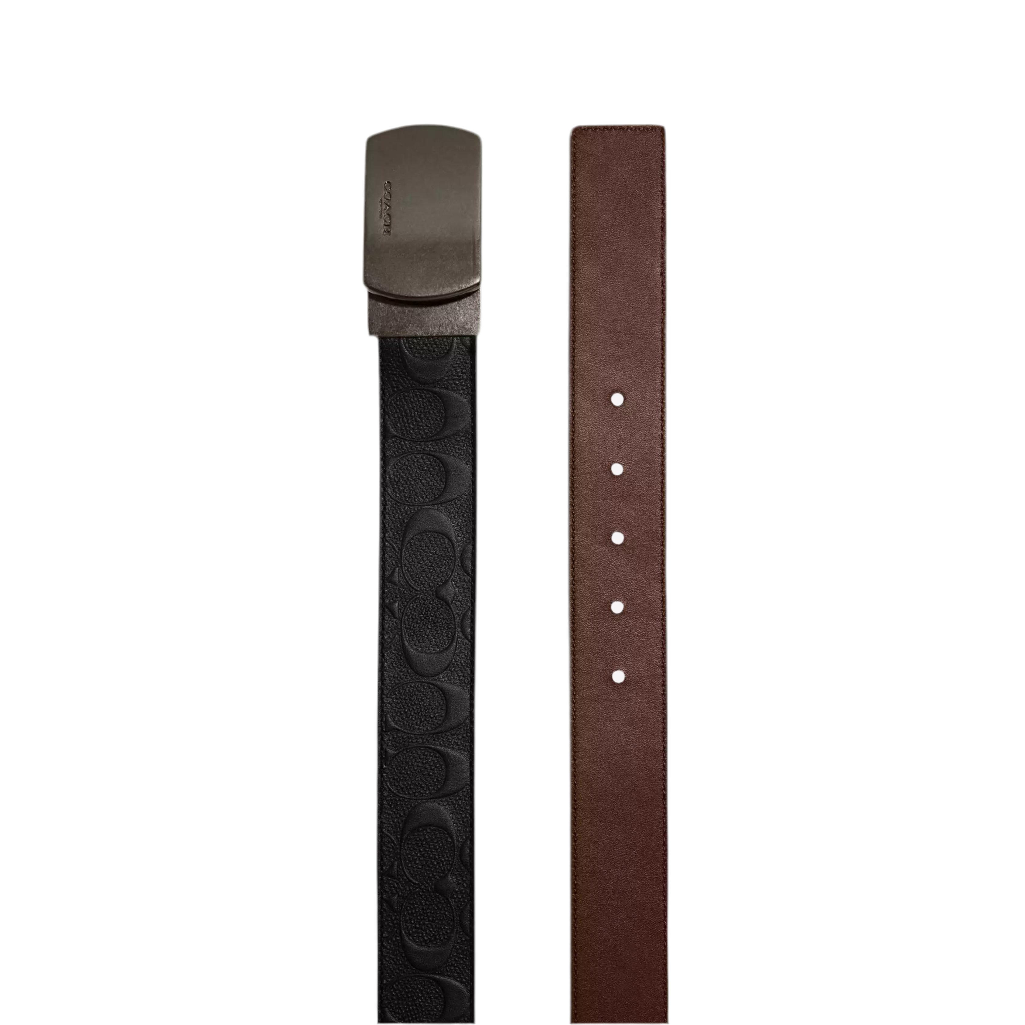 Coach Men Plaque Buckle Cut-To-Size Reversible Belt 38 Mm - Gunmetal Black Dark Saddle