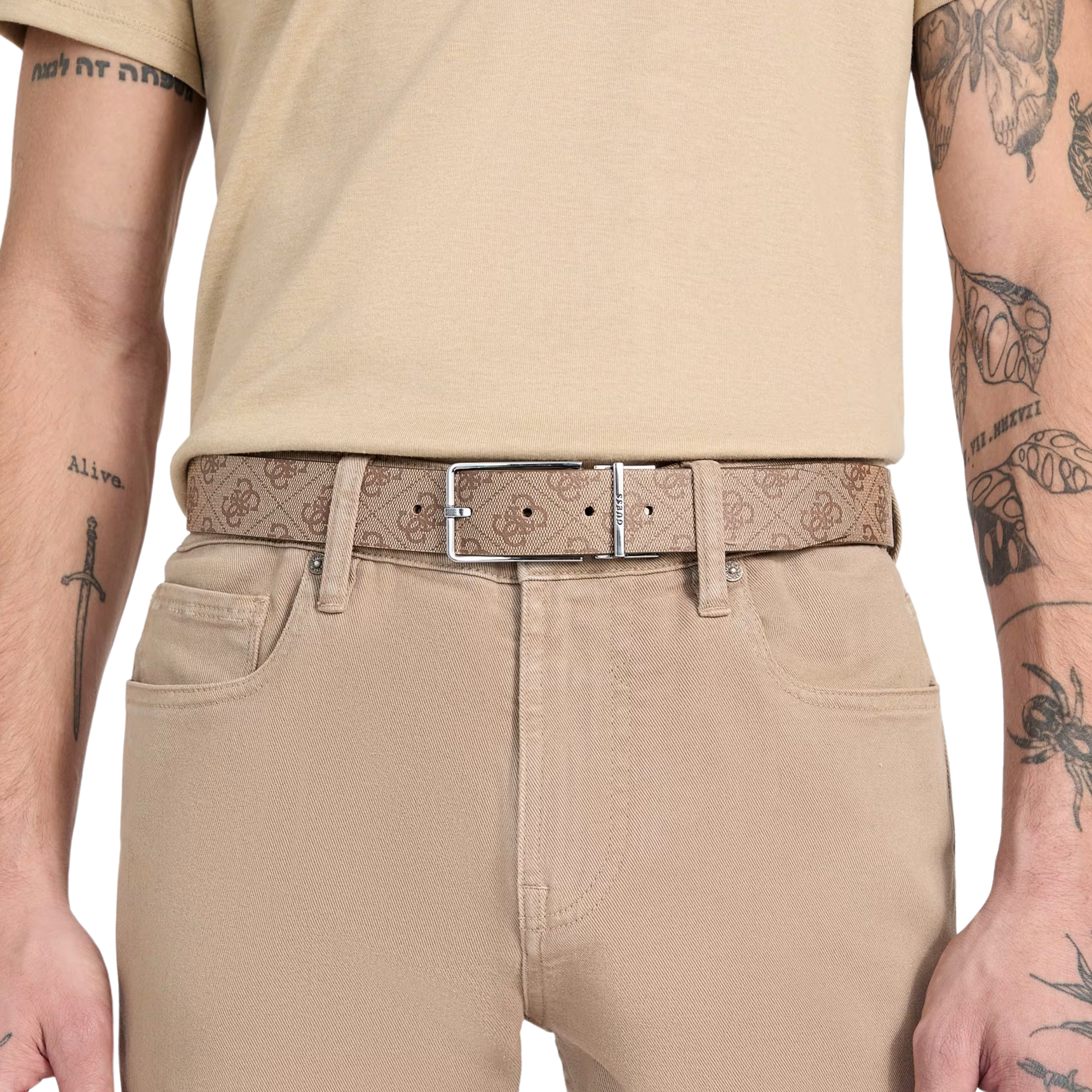 Guess Men Agueda Reversible Belt - Beige Brown Multi