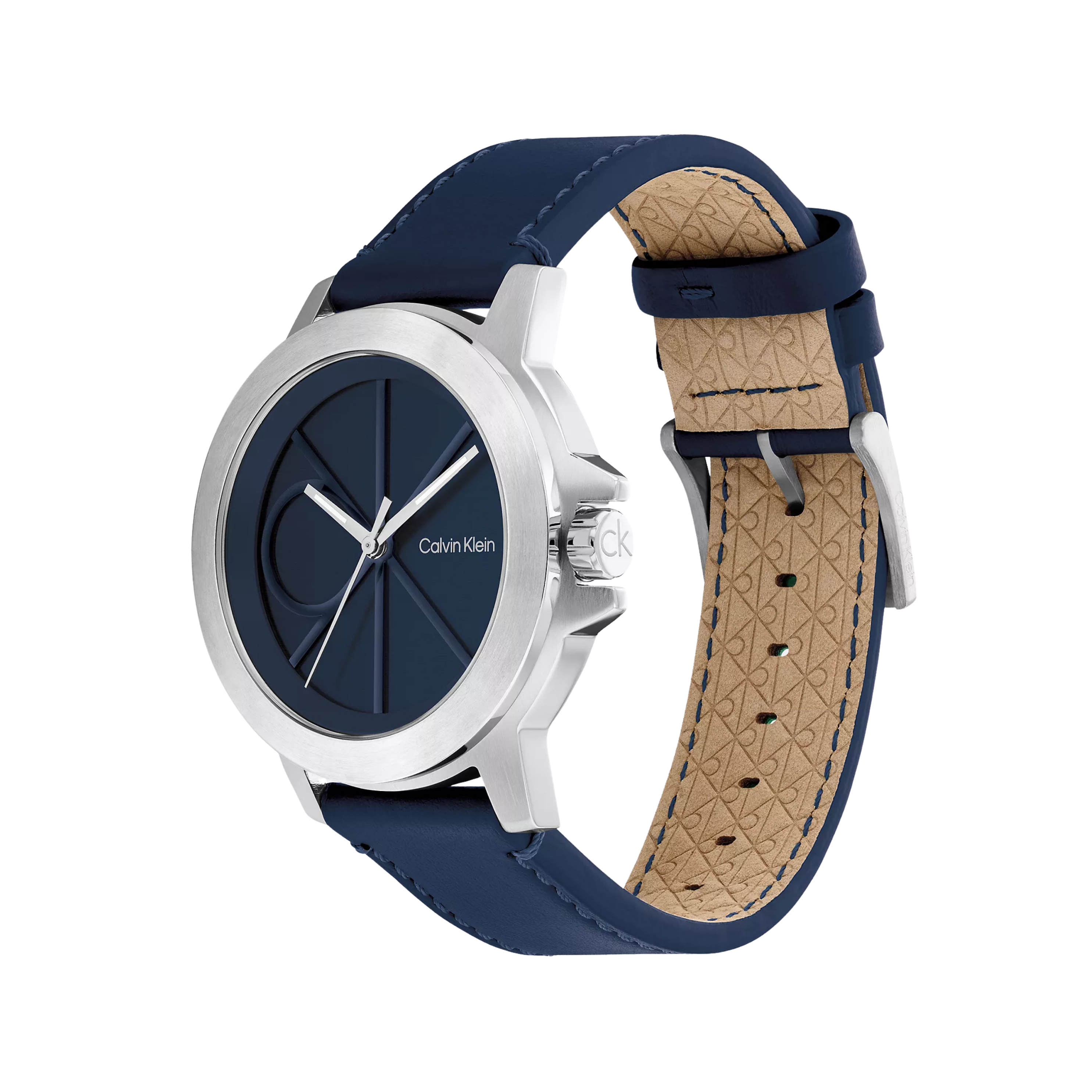 Calvin Klein Men Emblem Dial Leather Strap Watch 25200526 - Blue