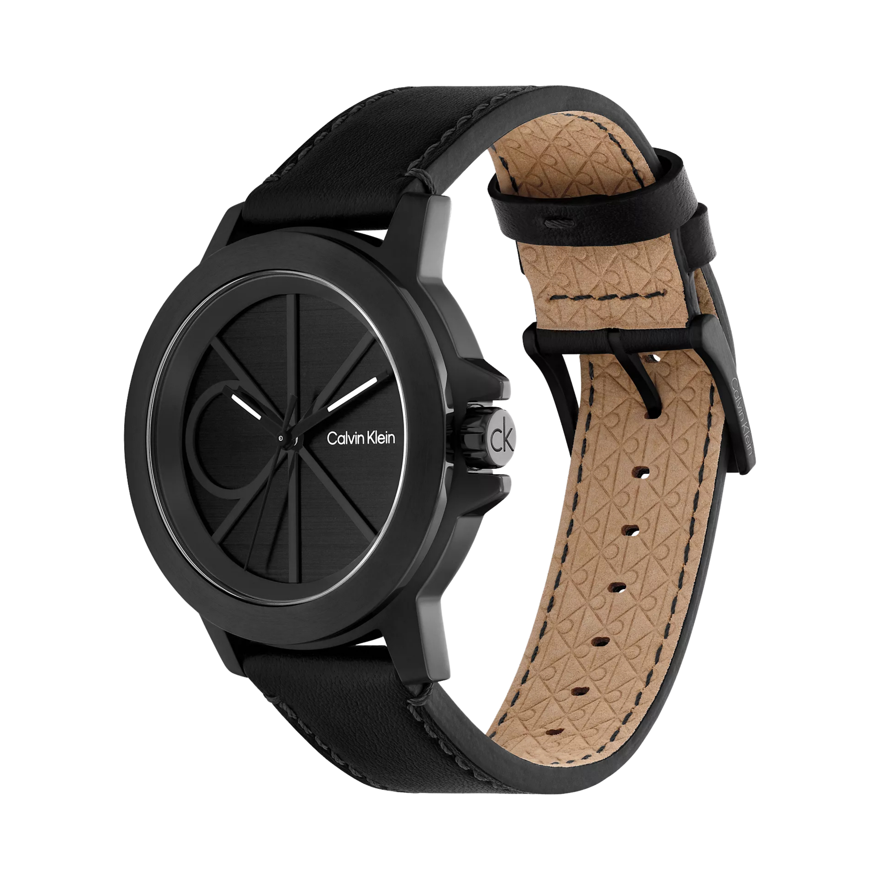 Calvin Klein Men Emblem Dial Leather Strap Watch 25200525 - Black