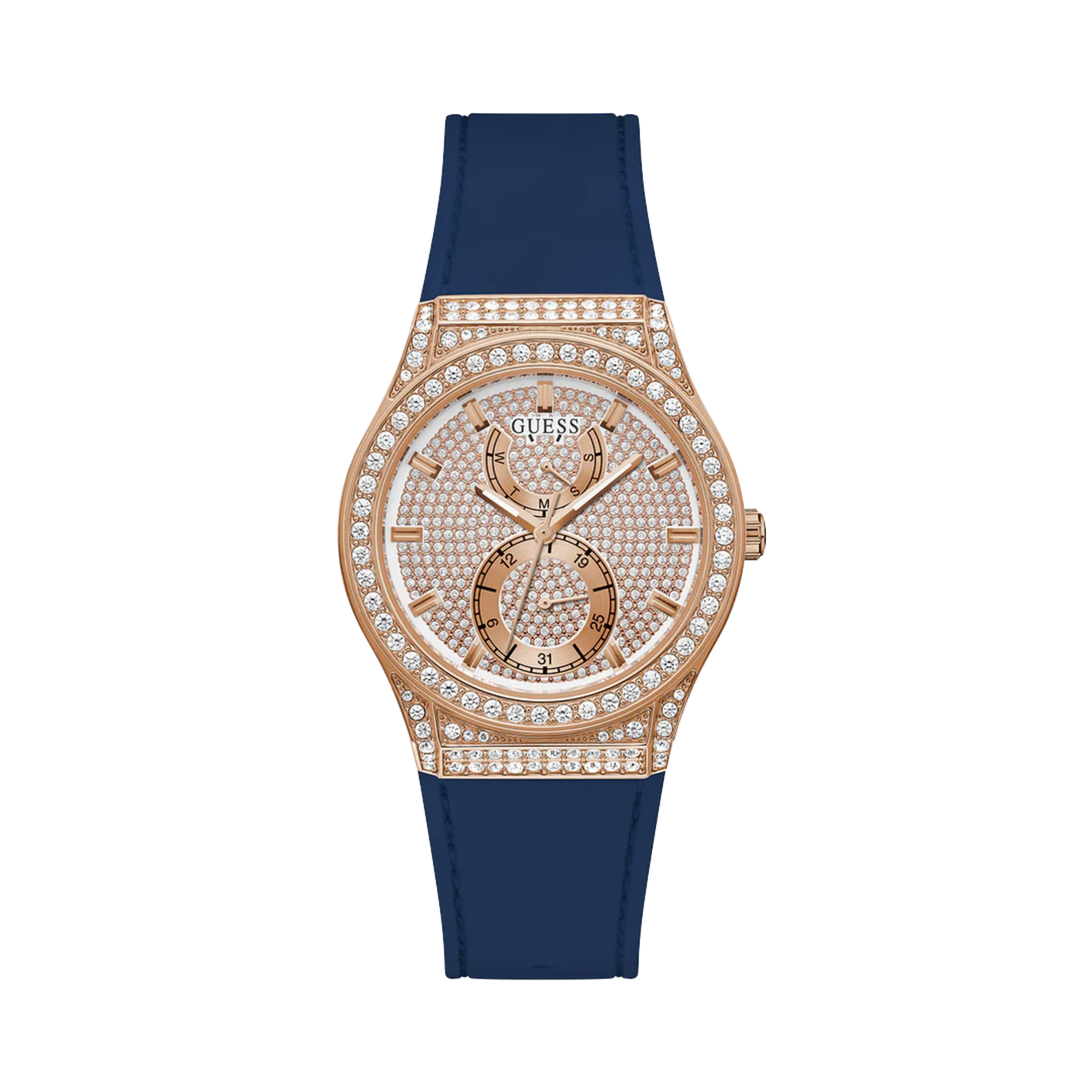 Guess Women Blue Rose Gold Tone Multi Function Watch - Blue Rose Gold