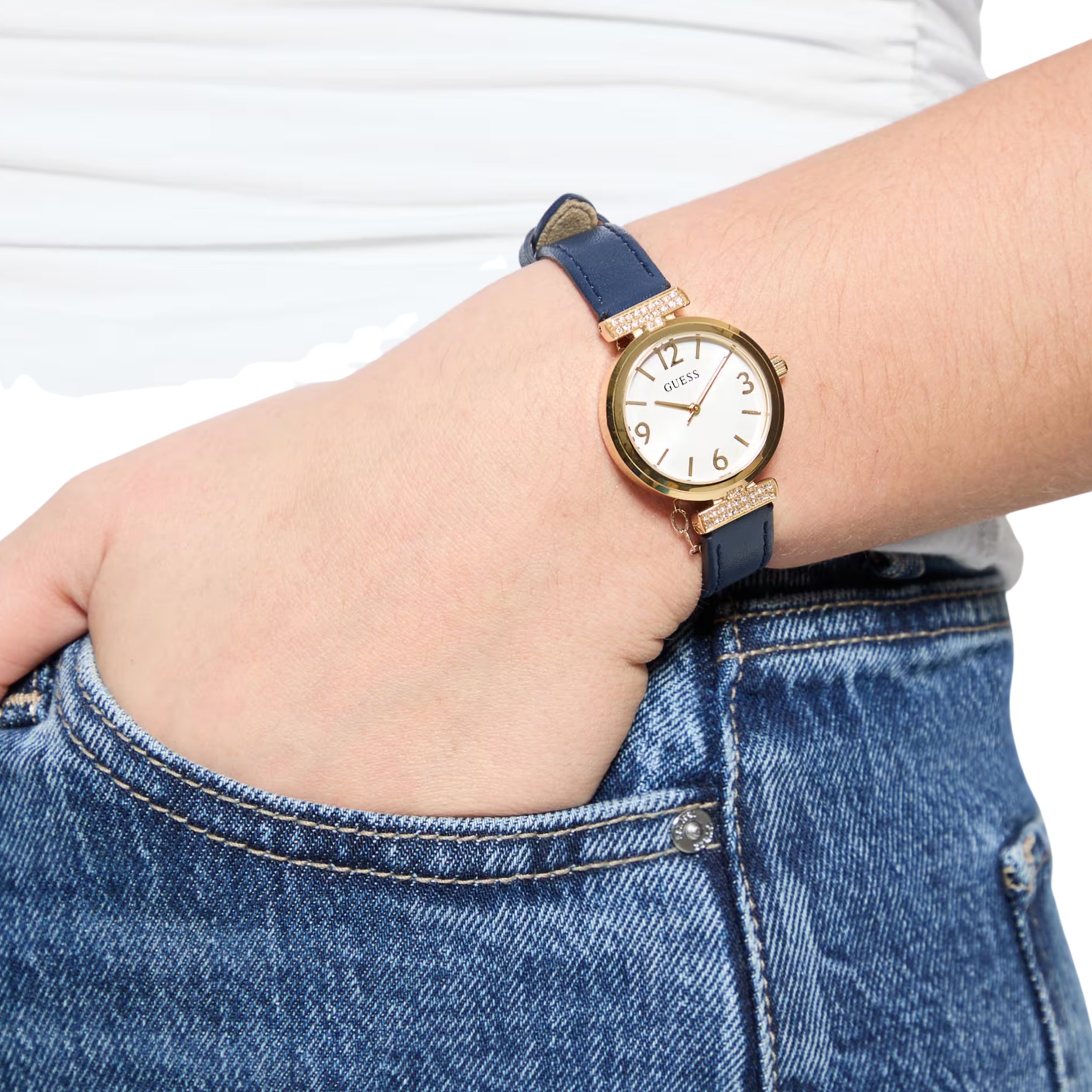 Guess Women Gold Tone and Navy Leather Analog Watch - White Multi
