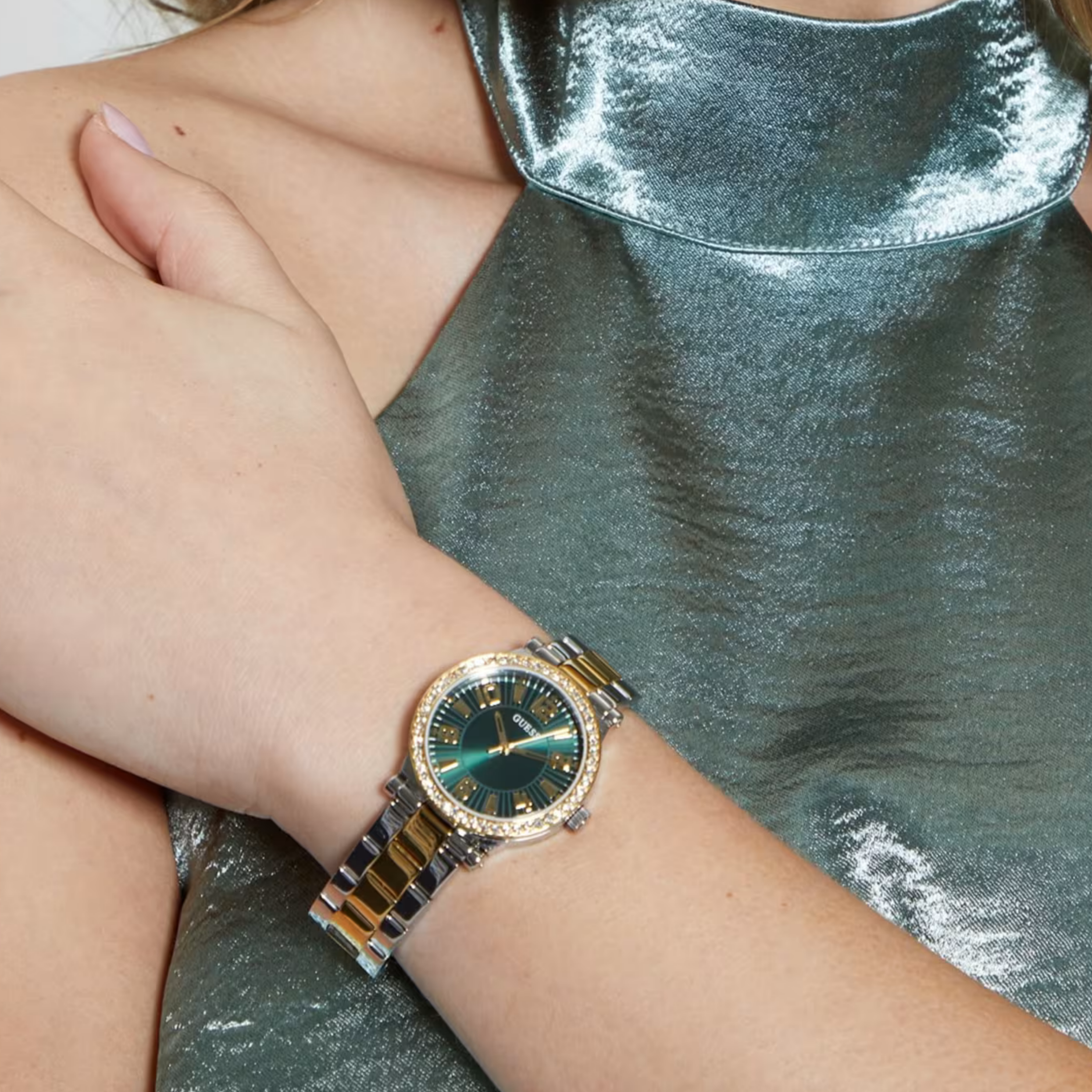 Guess Women Gold and Silver Tone Analog Watch - Silver Gold Green