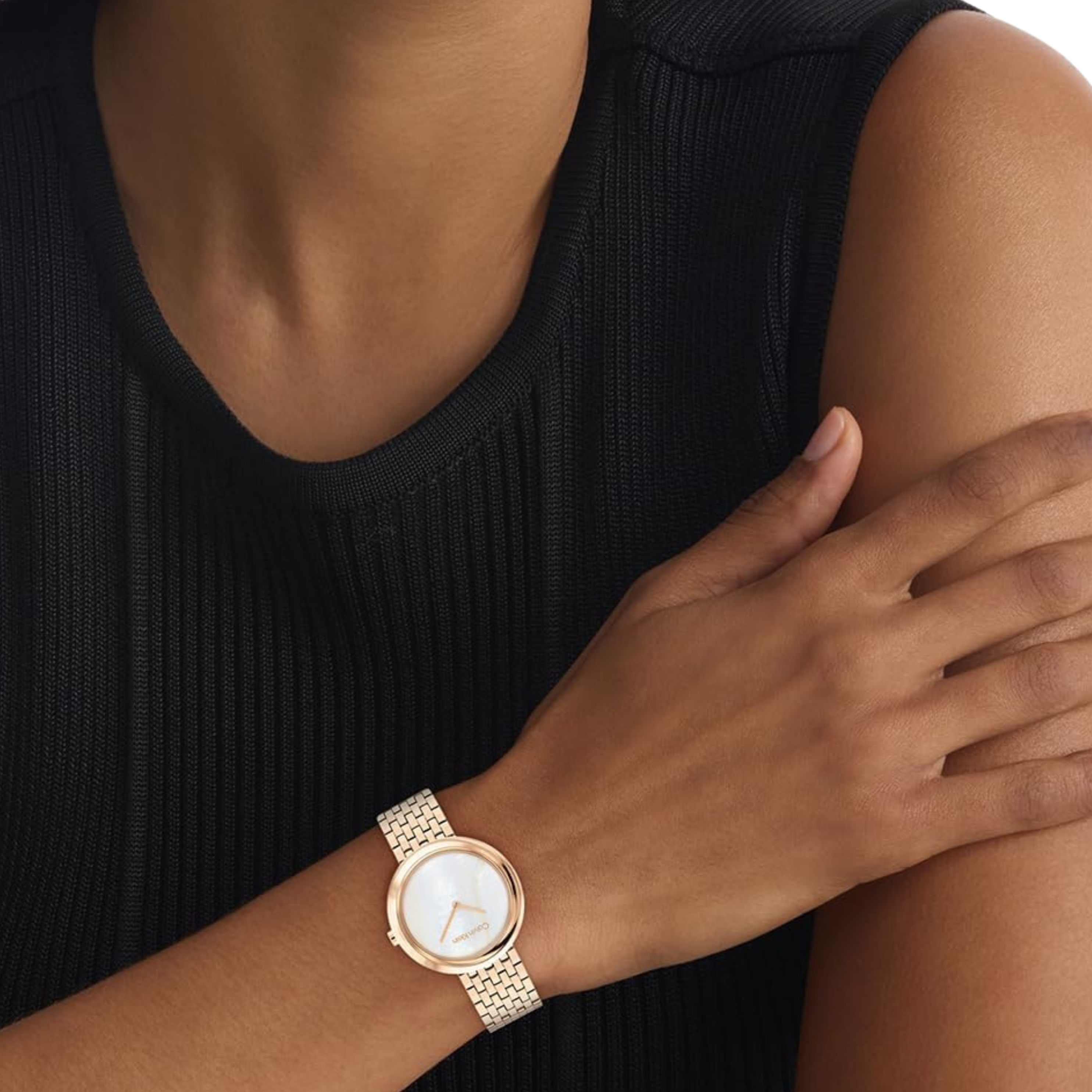 Calvin Klein Women Twisted Bezel Stainless Steel Watch - White Carnation Gold