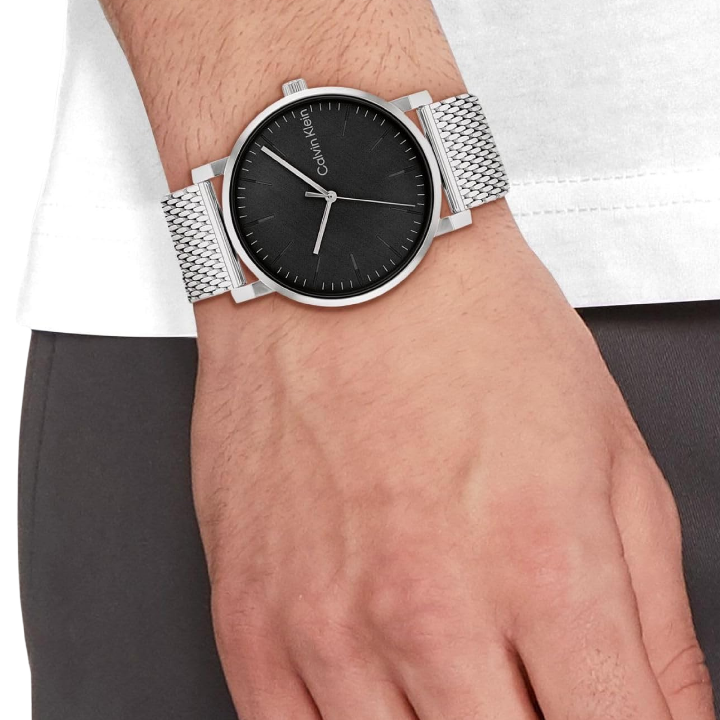 Calvin Klein Men Slate Quartz Watch - Black Silver Mesh