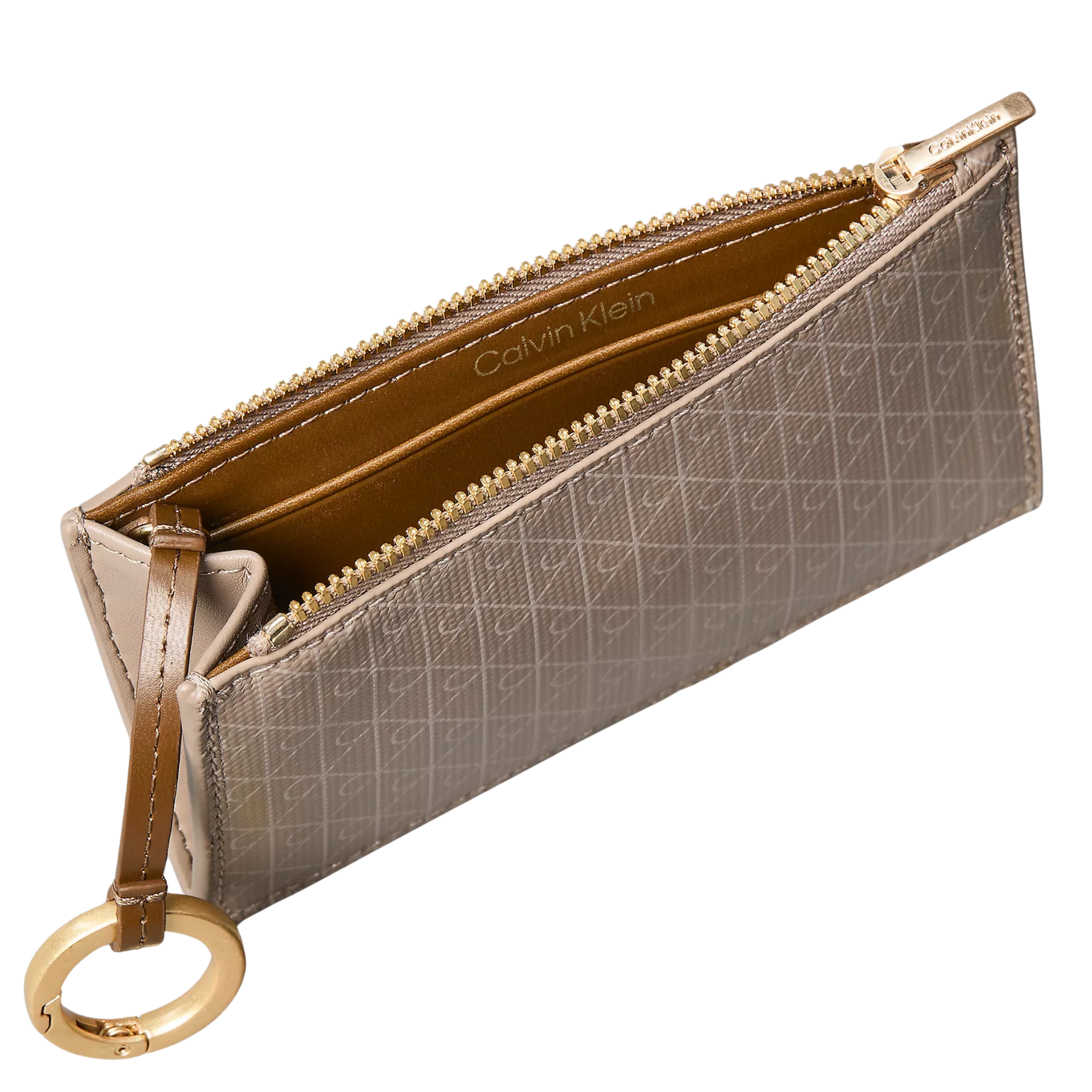Calvin Klein Women Allover Emblem Logo Top Zip Card Case - Desert Taupe Aop