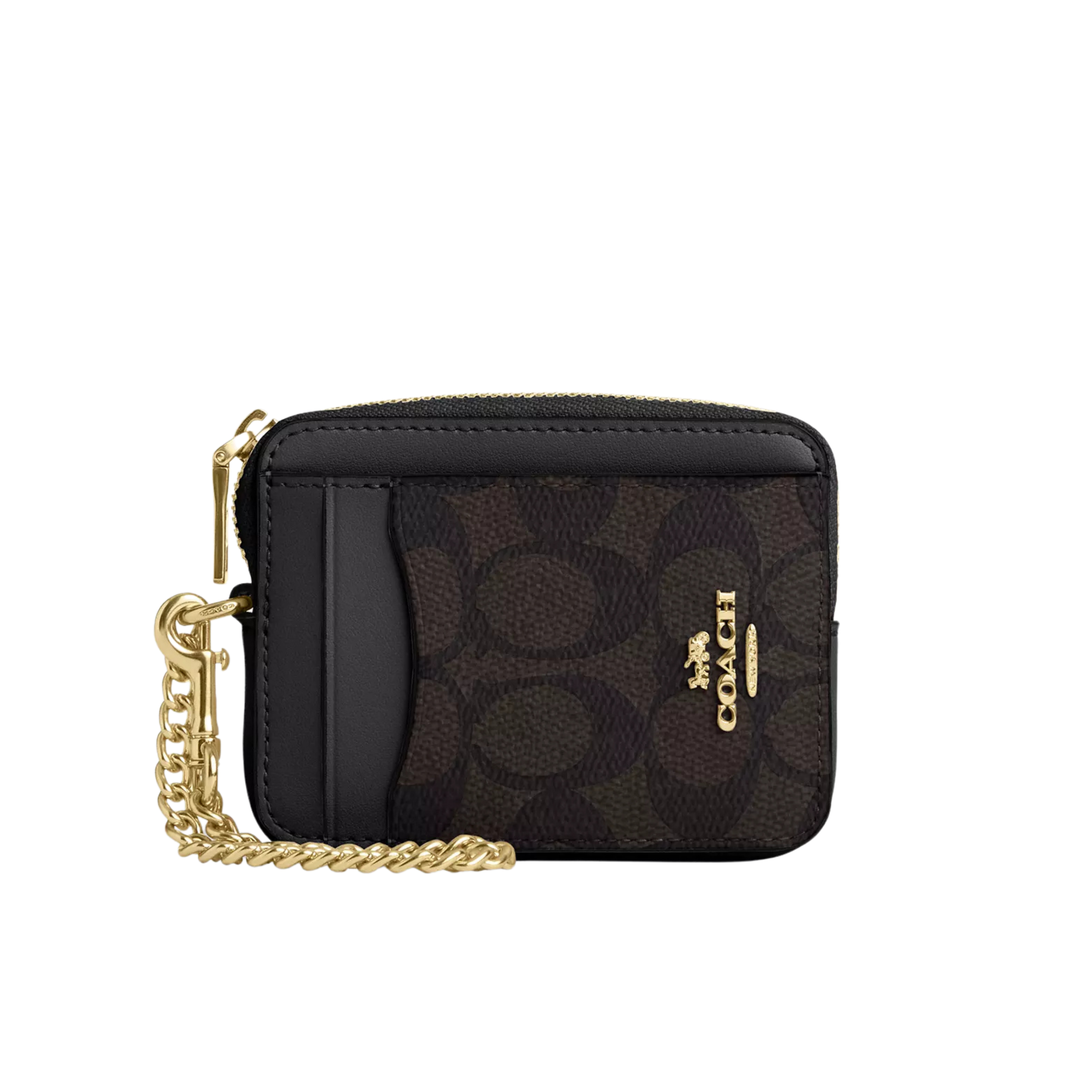 Coach Women Zip Card Case - Gold Walnut Black