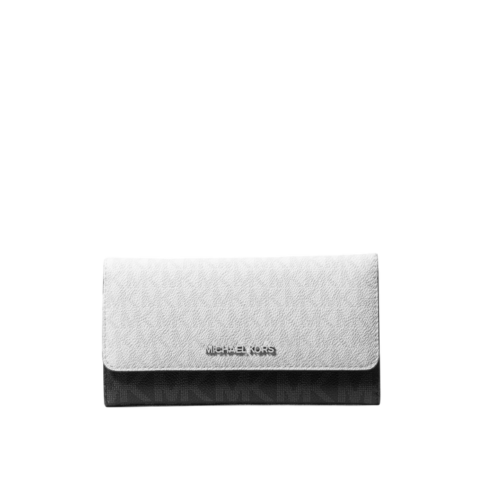Michael Kors Women Jet Set Large Signature Logo Tri Fold Wallet - White Black