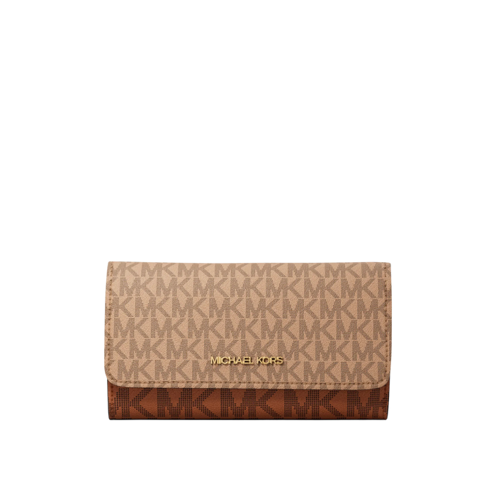 Michael Kors Women Jet Set Large Signature Logo Tri Fold Wallet - Camel Multi