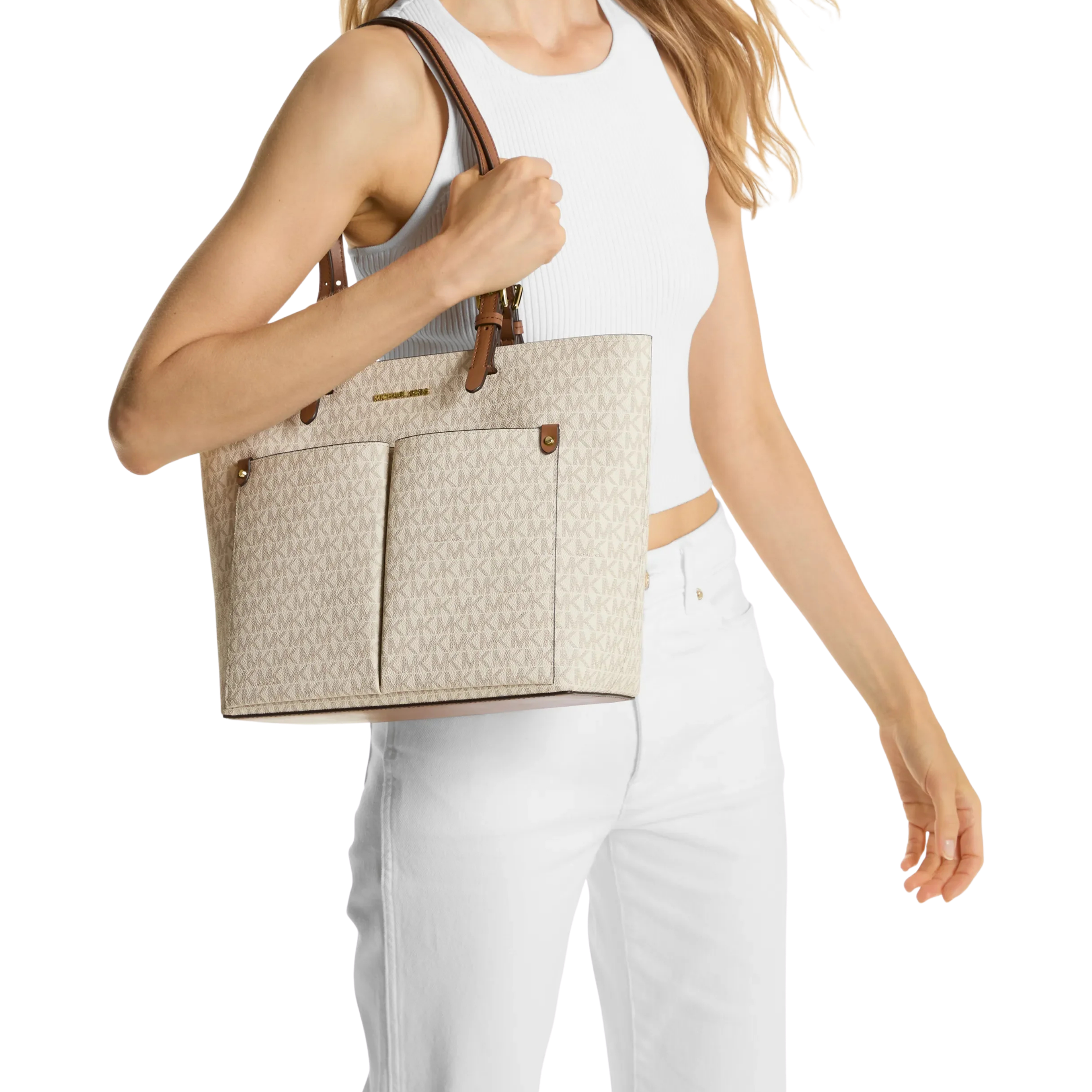 Michael Kors Women Jet Set Medium Logo Pocket Tote Bag - Vanilla
