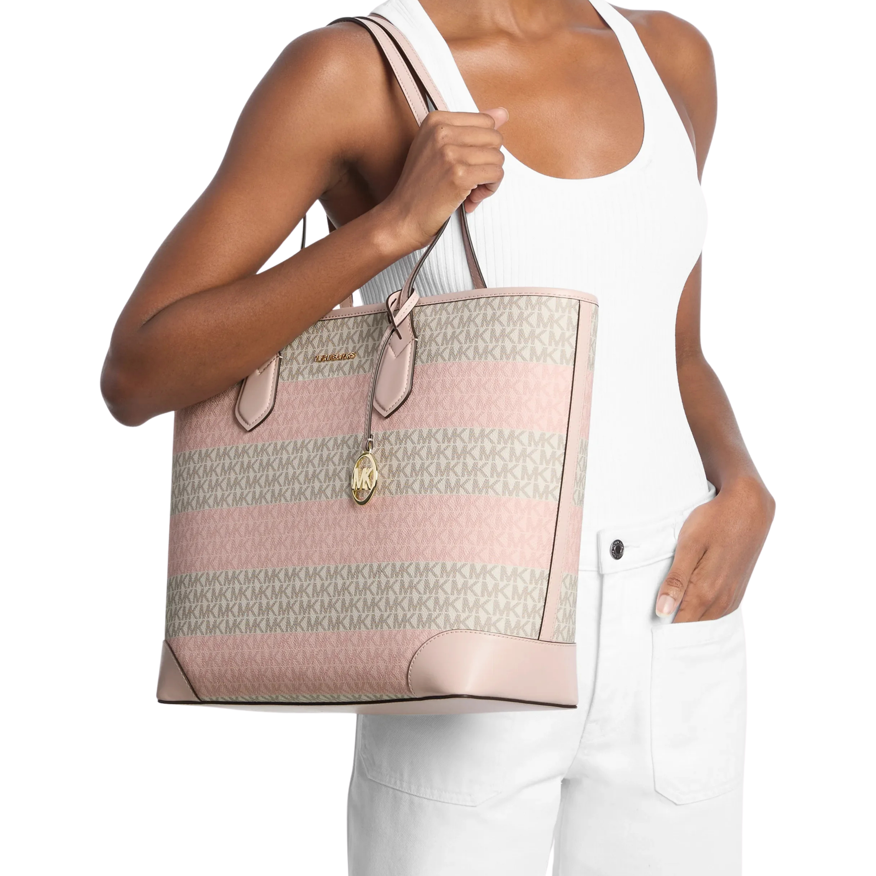 Michael Kors Women Eva Large Striped Signature Logo Tote Bag - Powder Blush