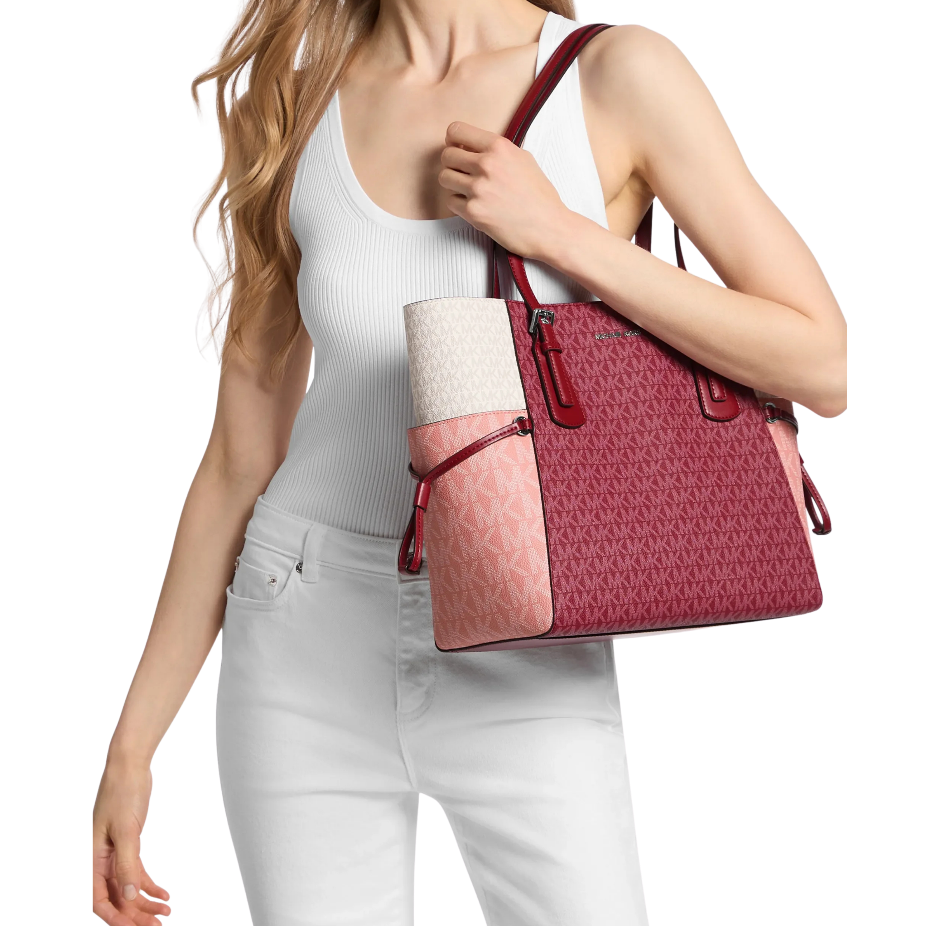 Michael Kors Women Voyager Large Color Block Signature Logo Tote Bag - Maroon