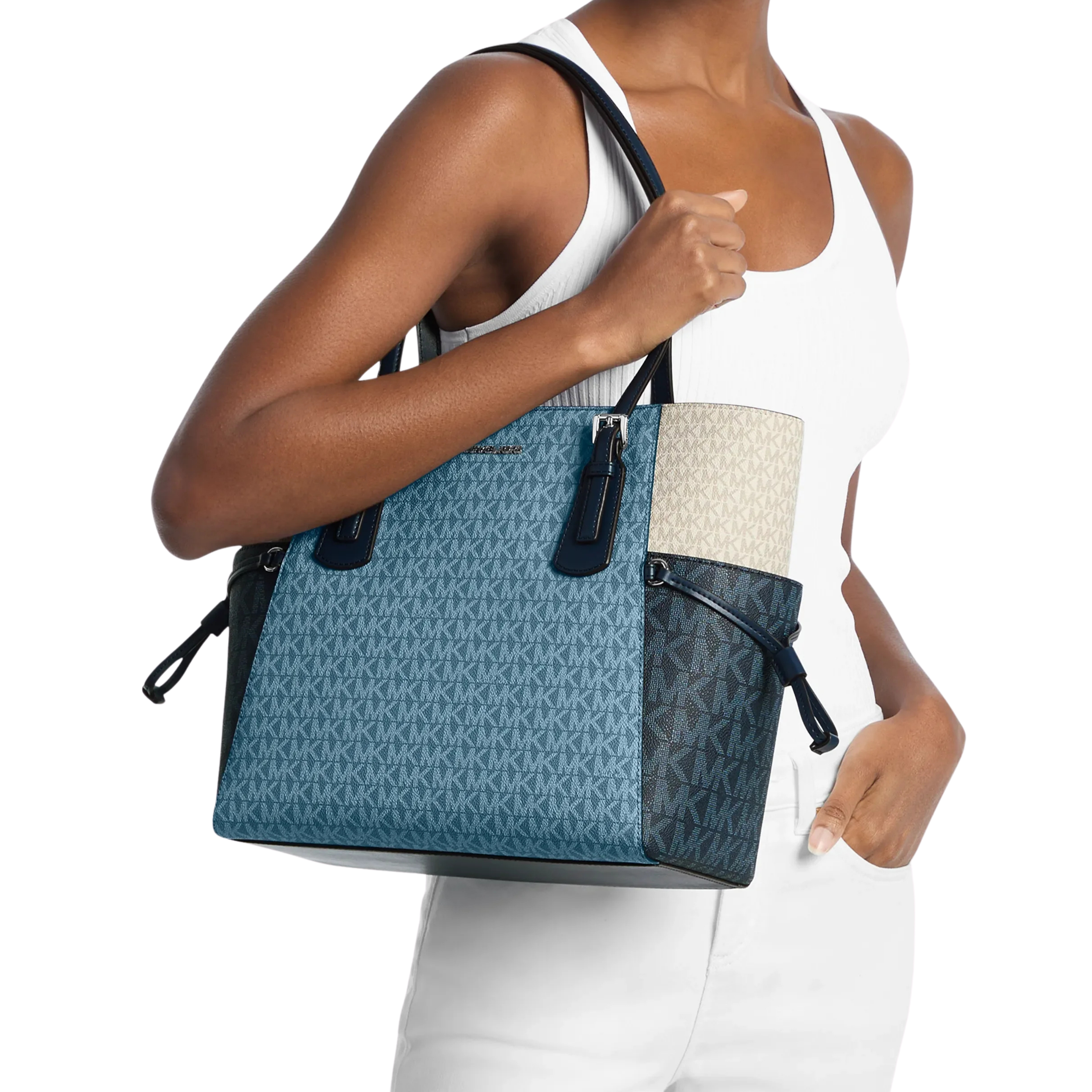 Michael Kors Women Voyager Large Color Block Signature Logo Tote Bag - Denim Multi