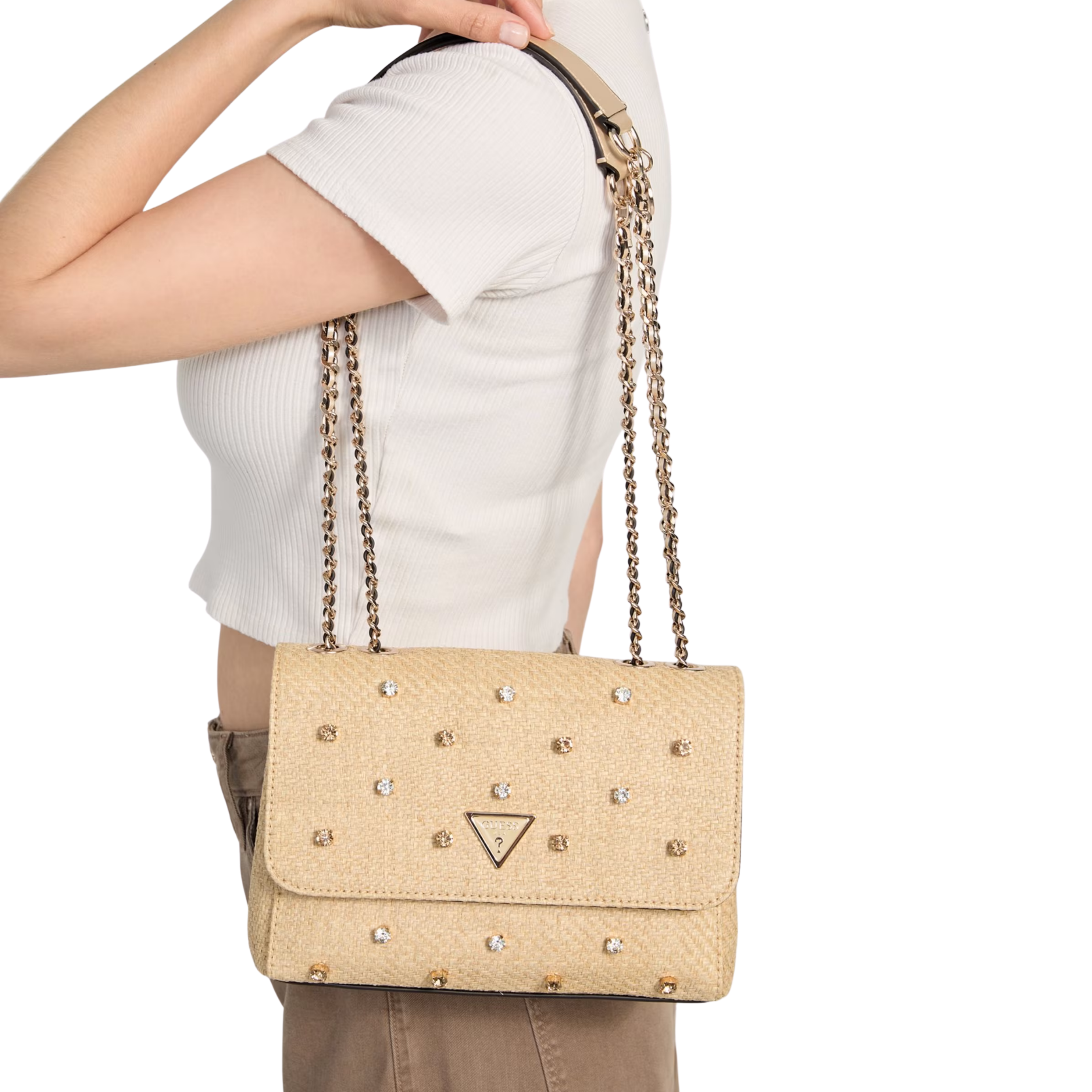 Guess Women Giully II Raffia Rhinestone Convertible Bag - White