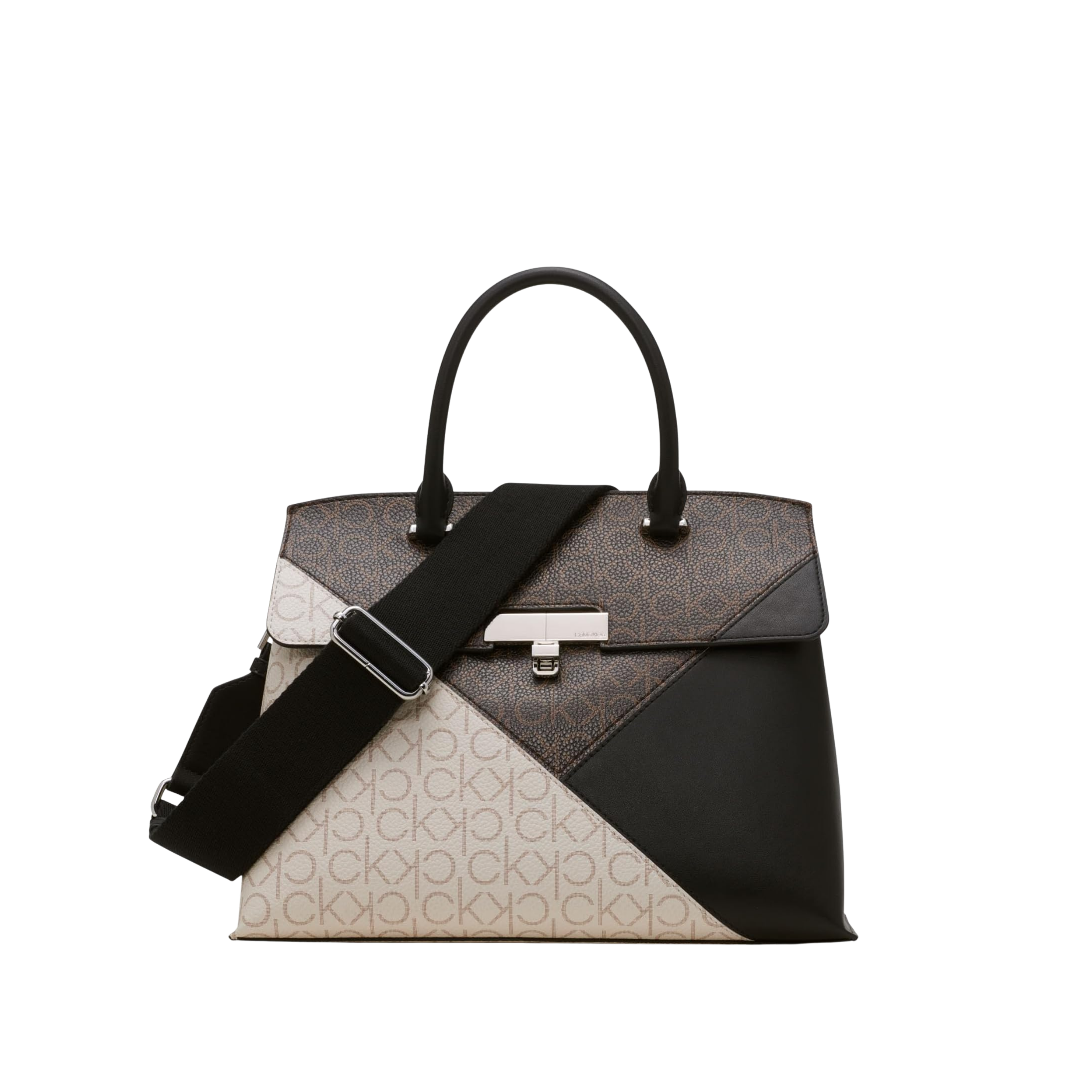 Calvin Klein Women Becky Turn Lock Satchel Bag - Black Brown Khaki Vanilla Khaki