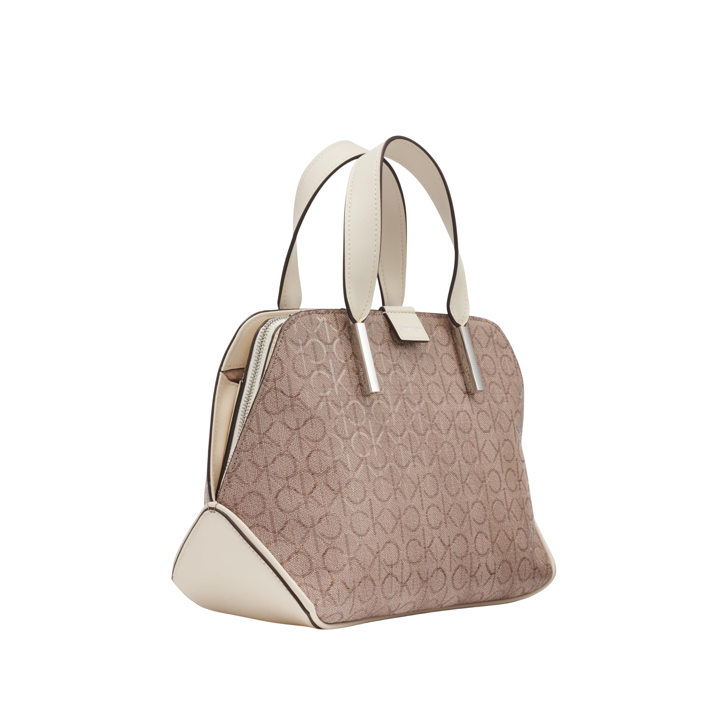 Calvin Klein Women Audrey Triple Compartment Satchel Bag - Almond Taupe White Embossed