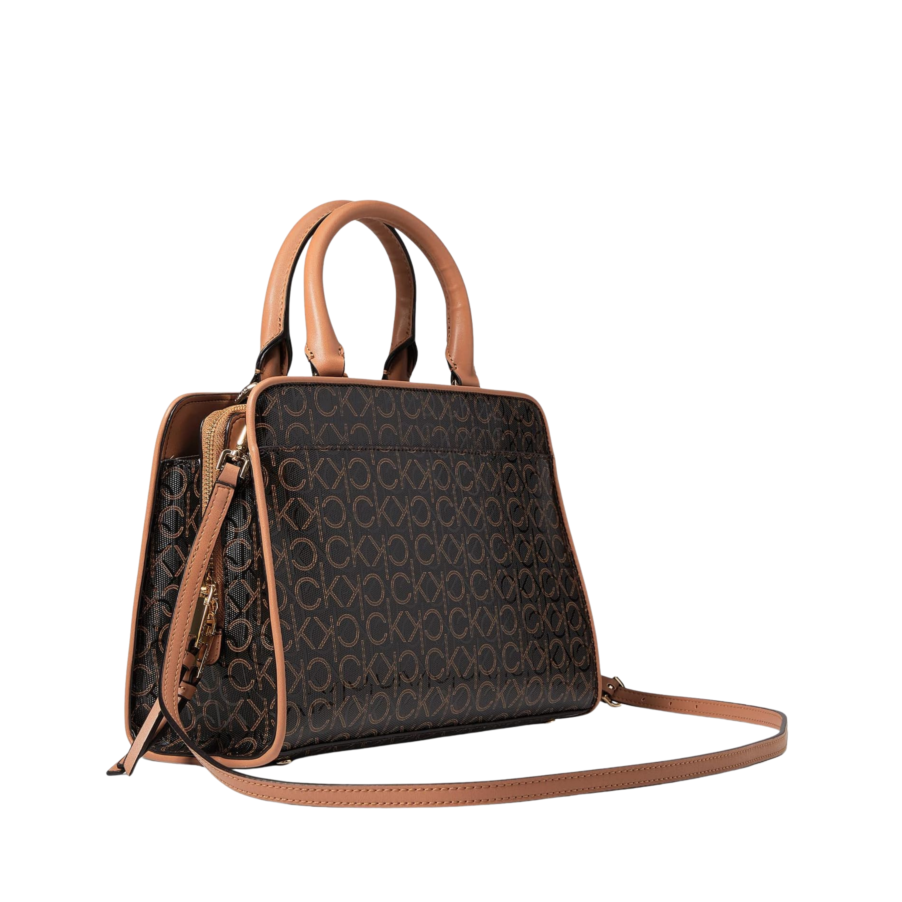 Calvin Klein Women Margot Textured Logo Embossed Satchel Bag - Brown Khaki Caramel Embossed