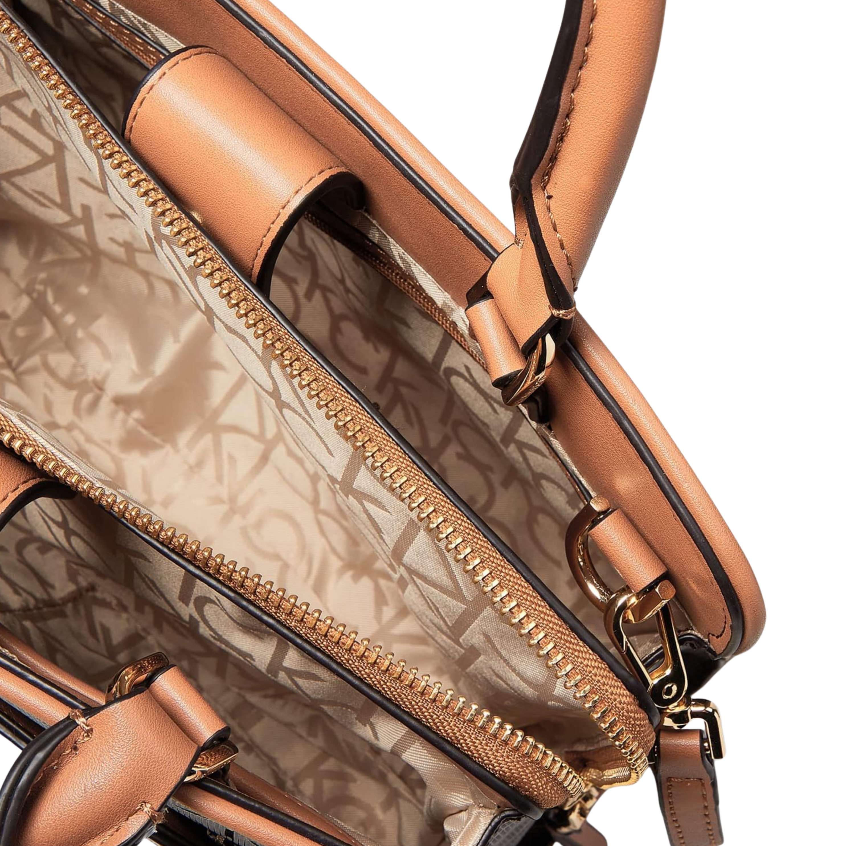 Calvin Klein Women Margot Textured Logo Embossed Satchel Bag - Brown Khaki Caramel Embossed