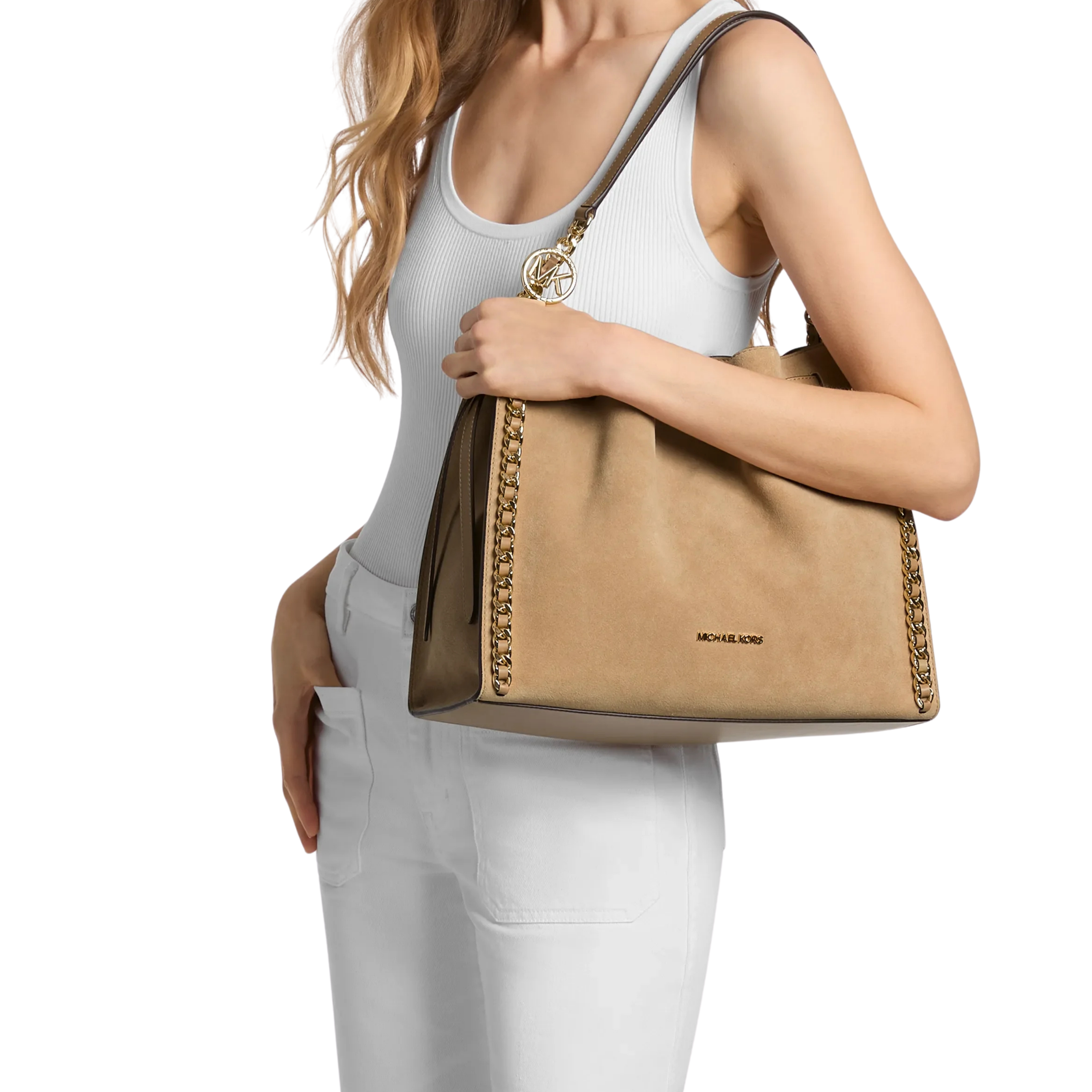 Michael Kors Women Mina Large Suede Chain Shoulder Bag - Camel