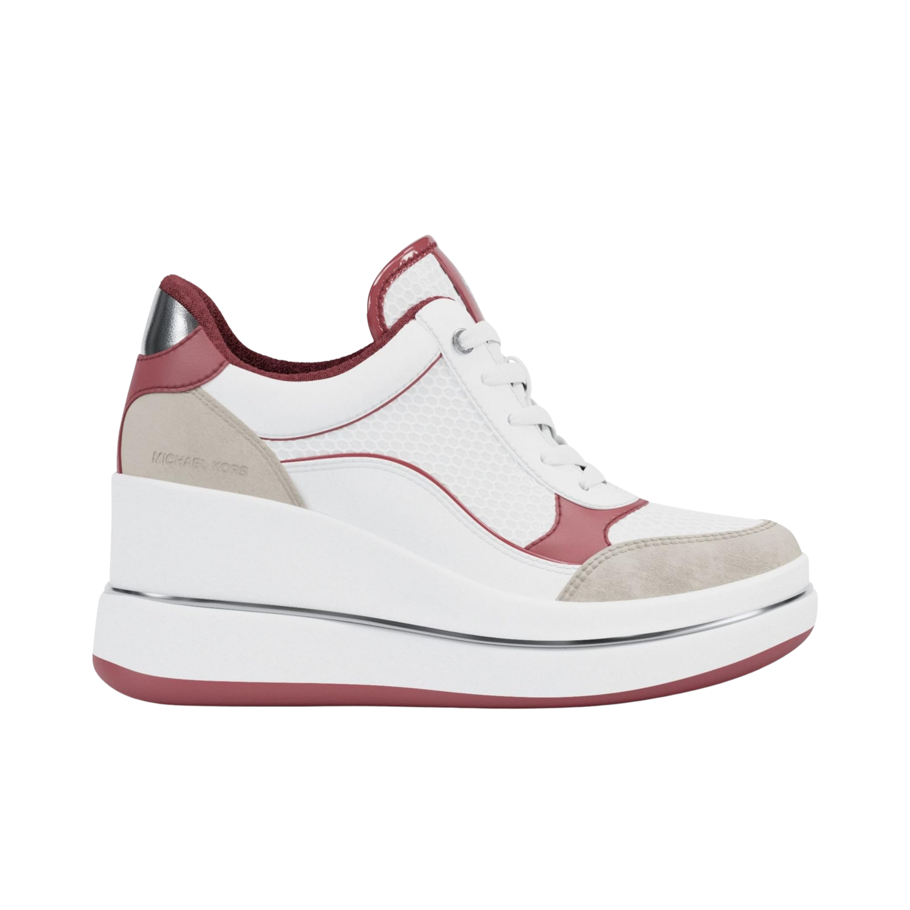 Michael Kors Women Emmy Signature Logo and Leather Wedge Trainer - Solid Color Block Rosewood